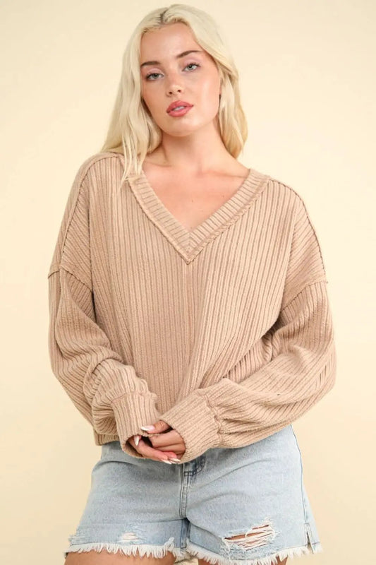 Suéteres Trendsi Top de punto acanalado para mujer, camiseta básica con cuello en V, suave y cómoda