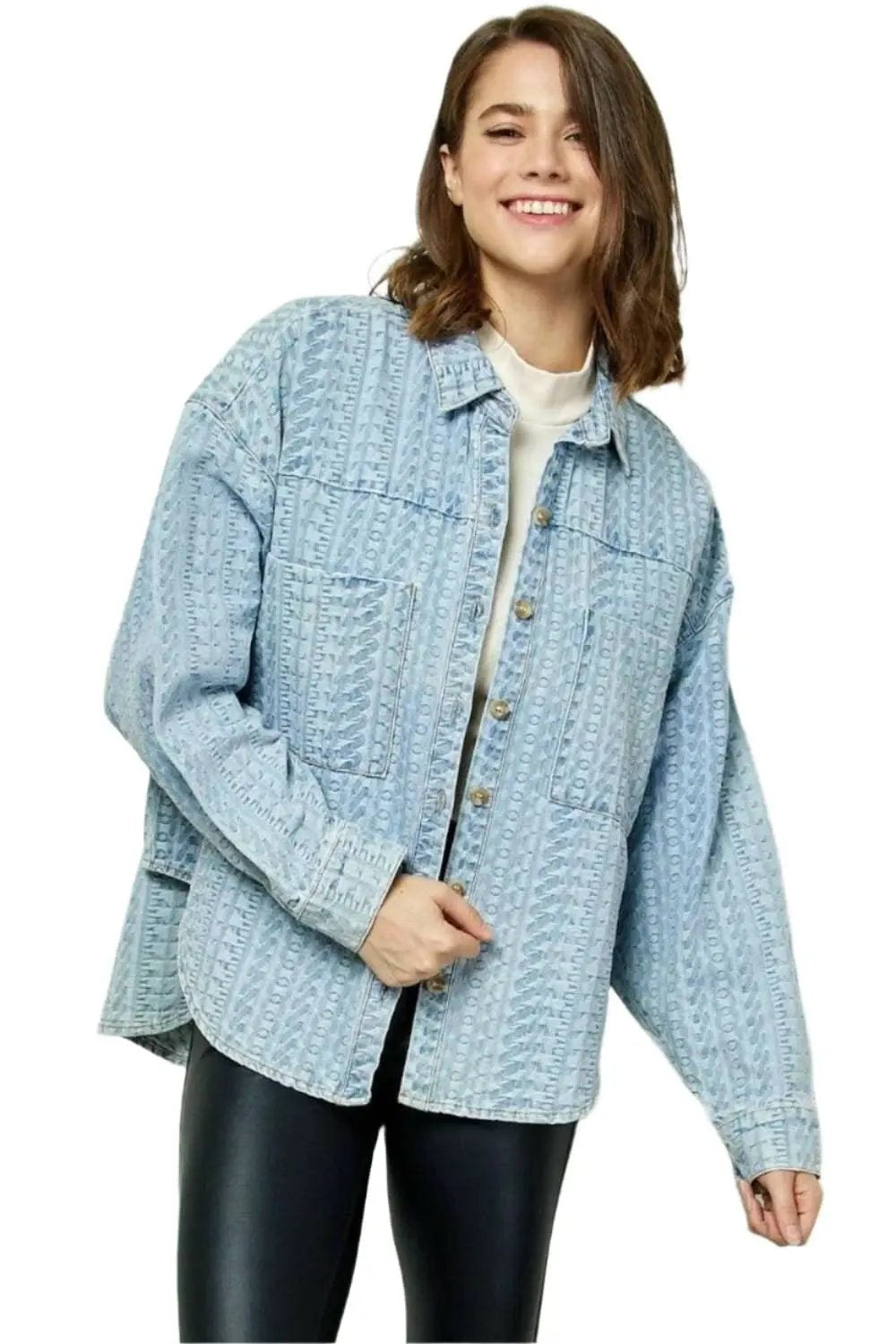 Tendencias principales de tops de mezclilla Top de mezclilla con botones Hombro caído Manga larga