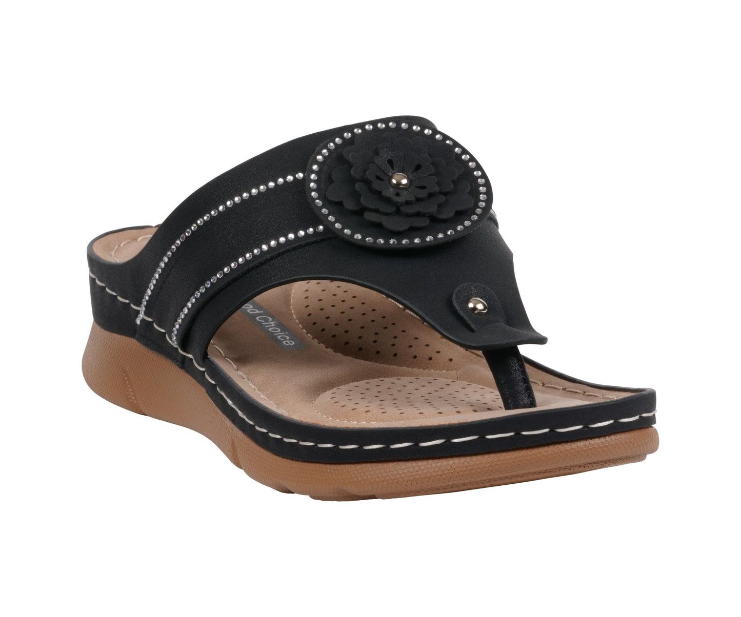 Sandalias planas Vickie negras de mujer con diseño de flores y tanga para mayor comodidad