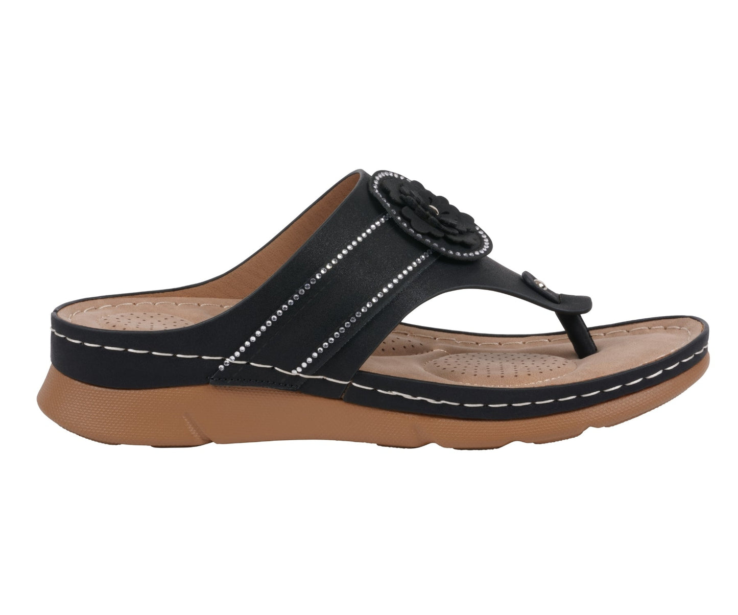 Sandalias planas Vickie negras de mujer con diseño de flores y tanga para mayor comodidad