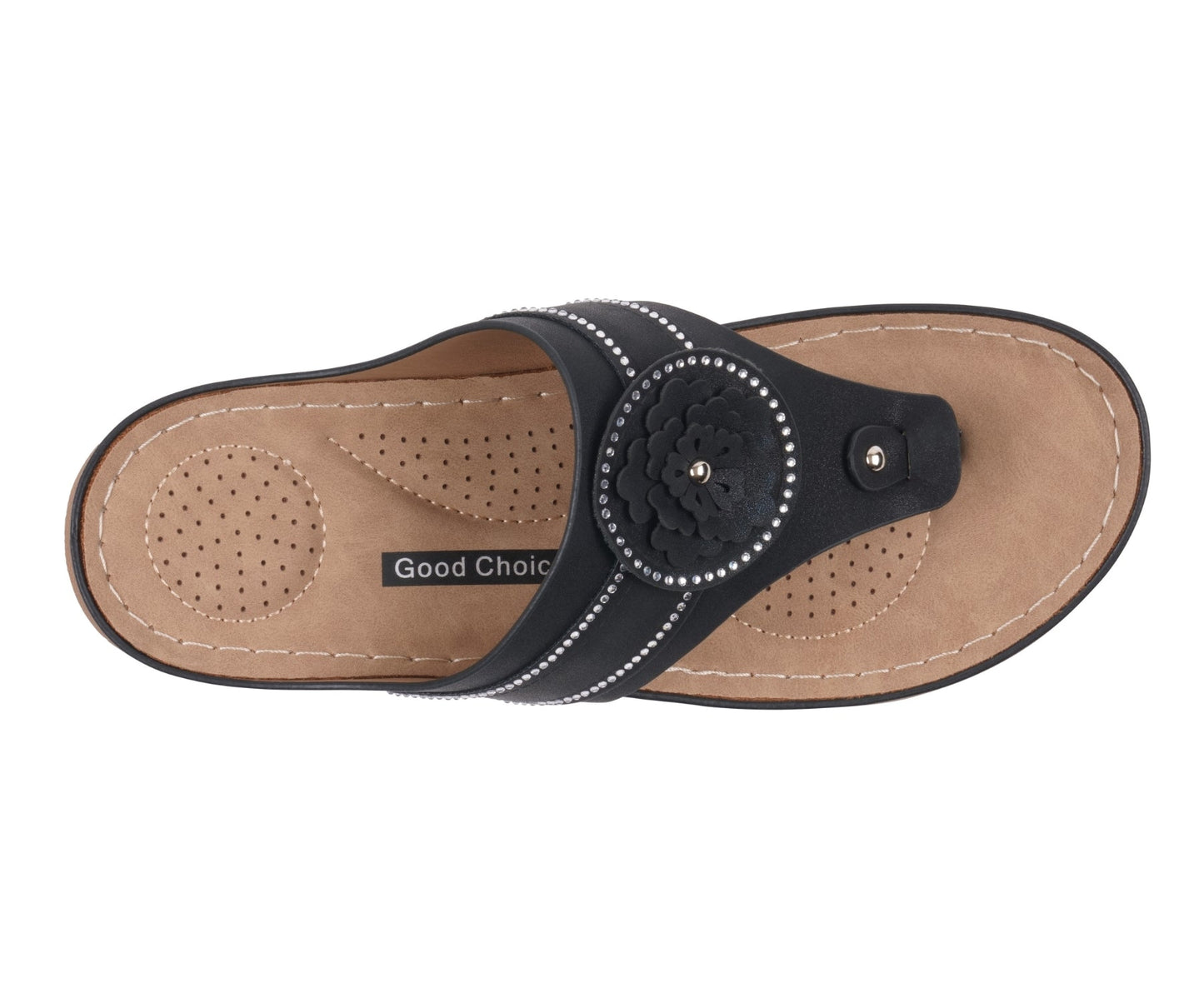 Sandalias planas Vickie negras de mujer con diseño de flores y tanga para mayor comodidad