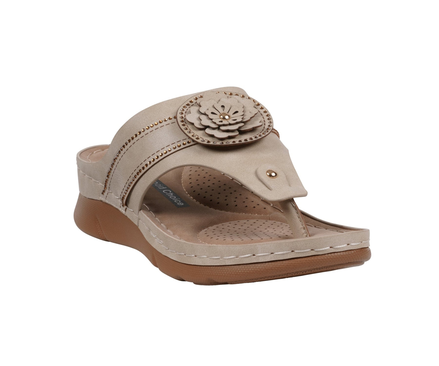 Sandalias planas cómodas de mujer Vickie Gold Flower con tira en forma de T