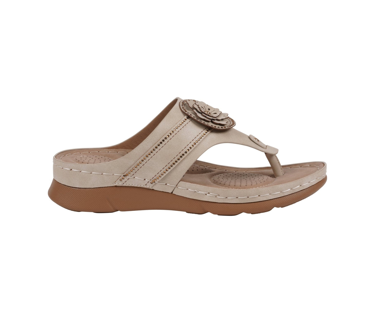 Sandalias planas cómodas de mujer Vickie Gold Flower con tira en forma de T