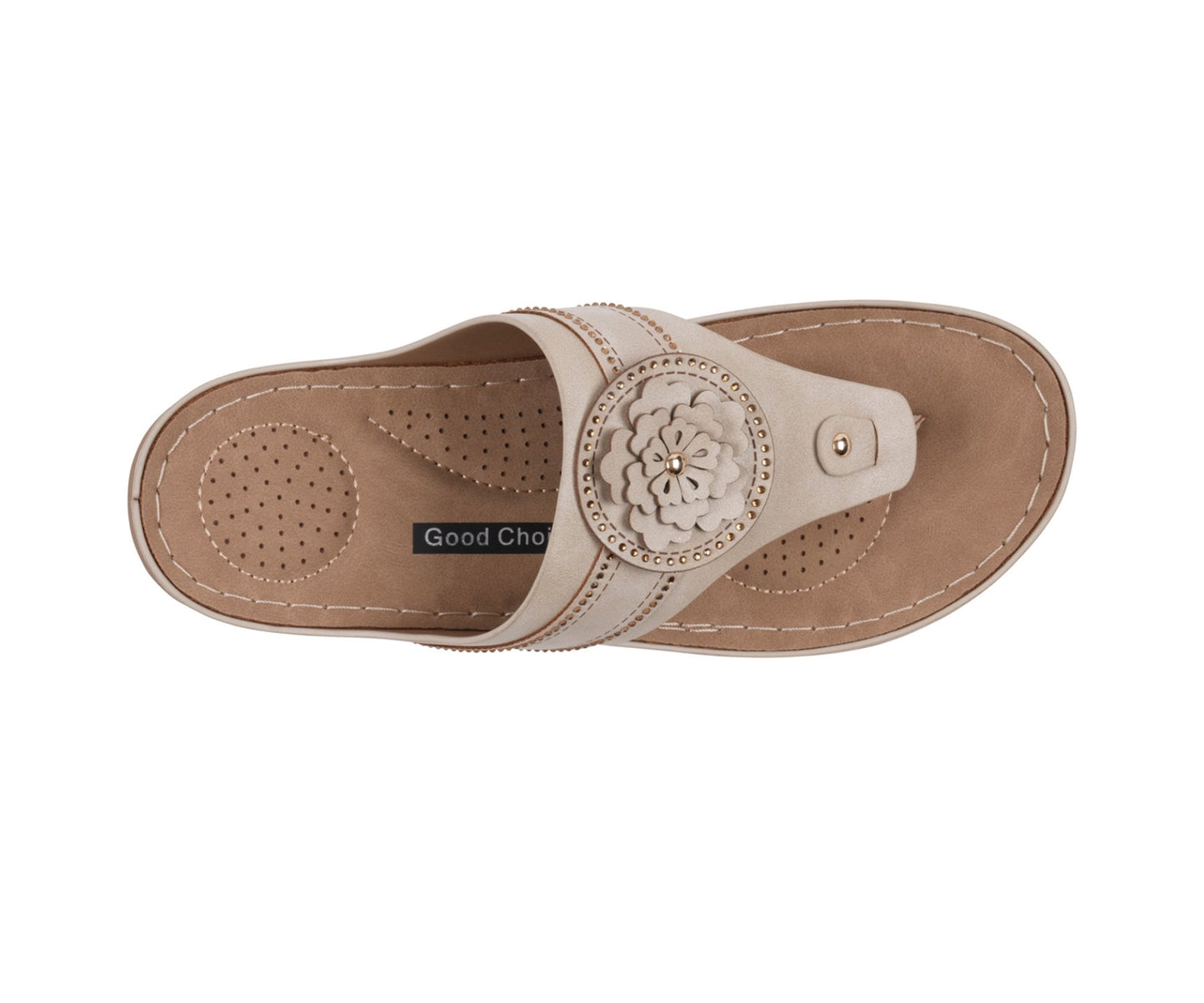 Sandalias planas cómodas de mujer Vickie Gold Flower con tira en forma de T