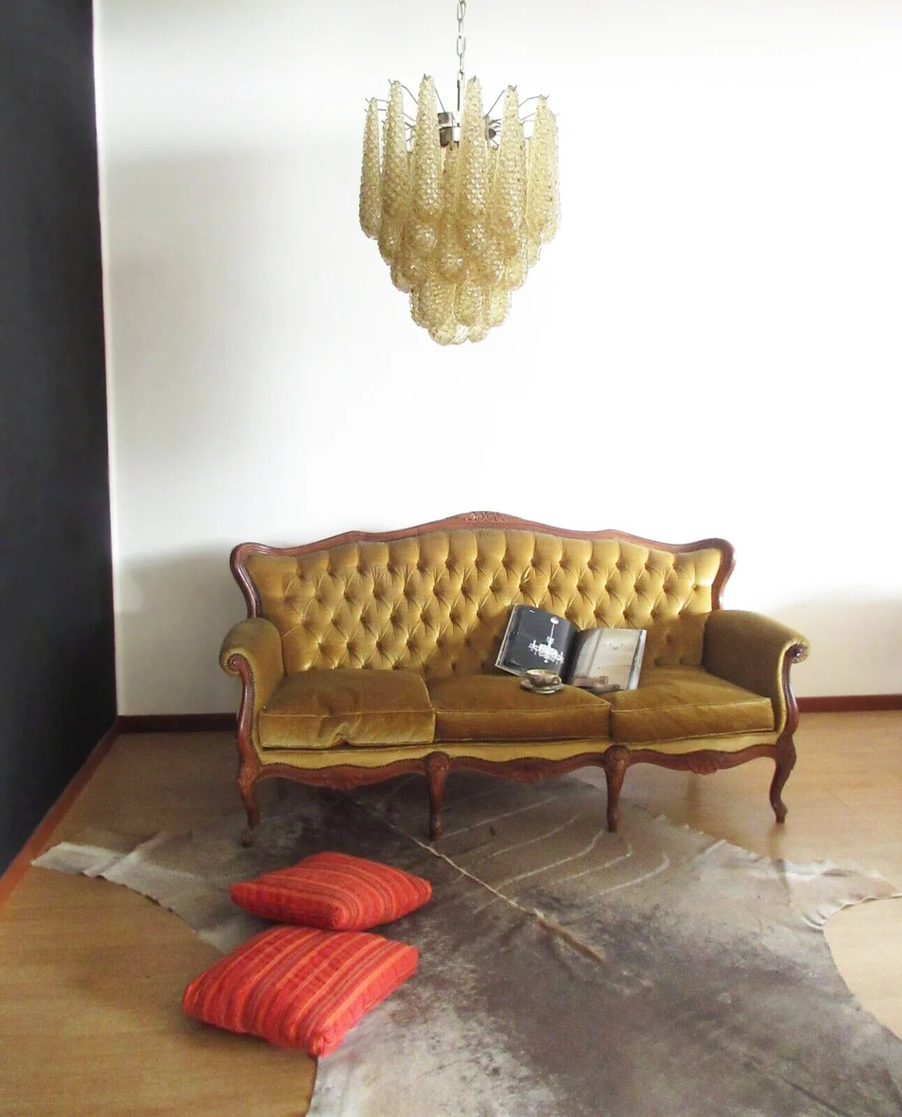 Lámpara de araña con pétalos de cristal de Murano color ámbar vintage