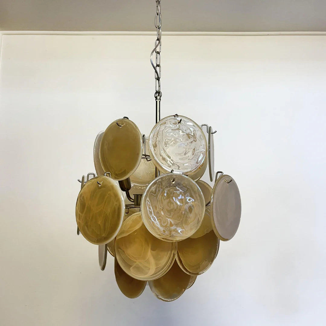 Lámpara de araña con discos de cristal dorado de Murano vintage
