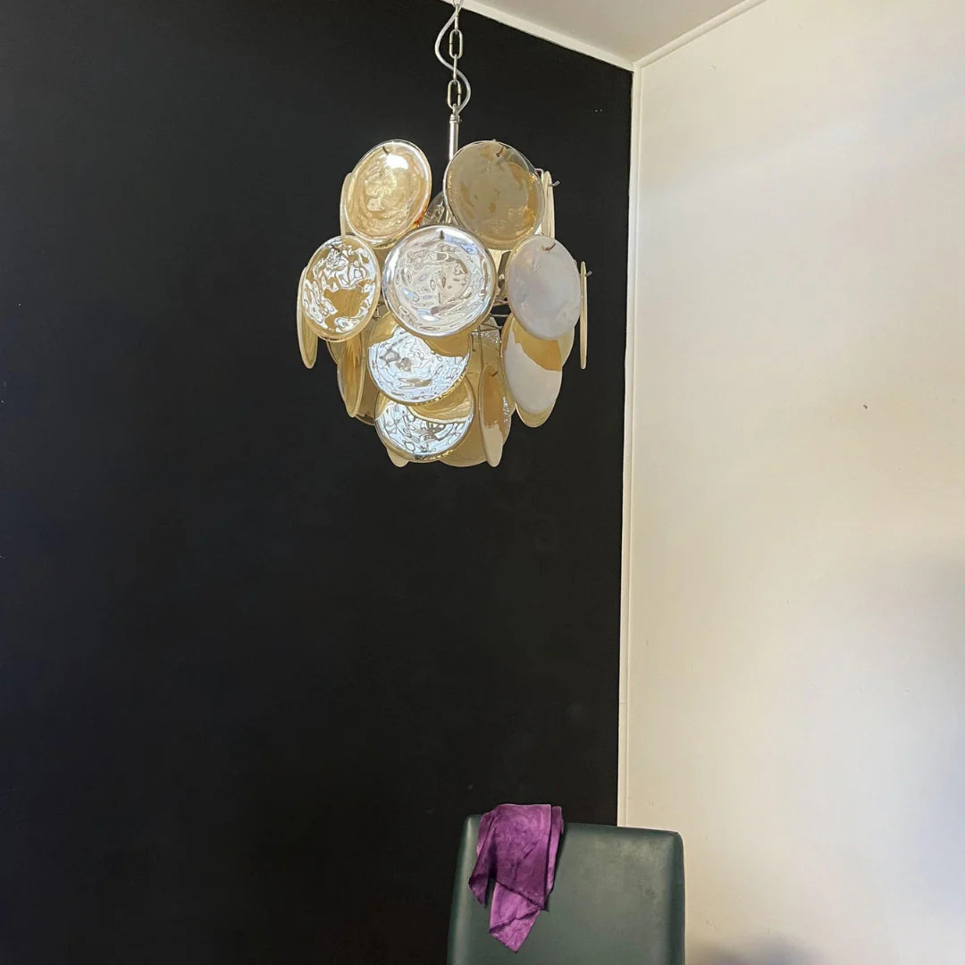 Lámpara de araña con discos de cristal dorado de Murano vintage