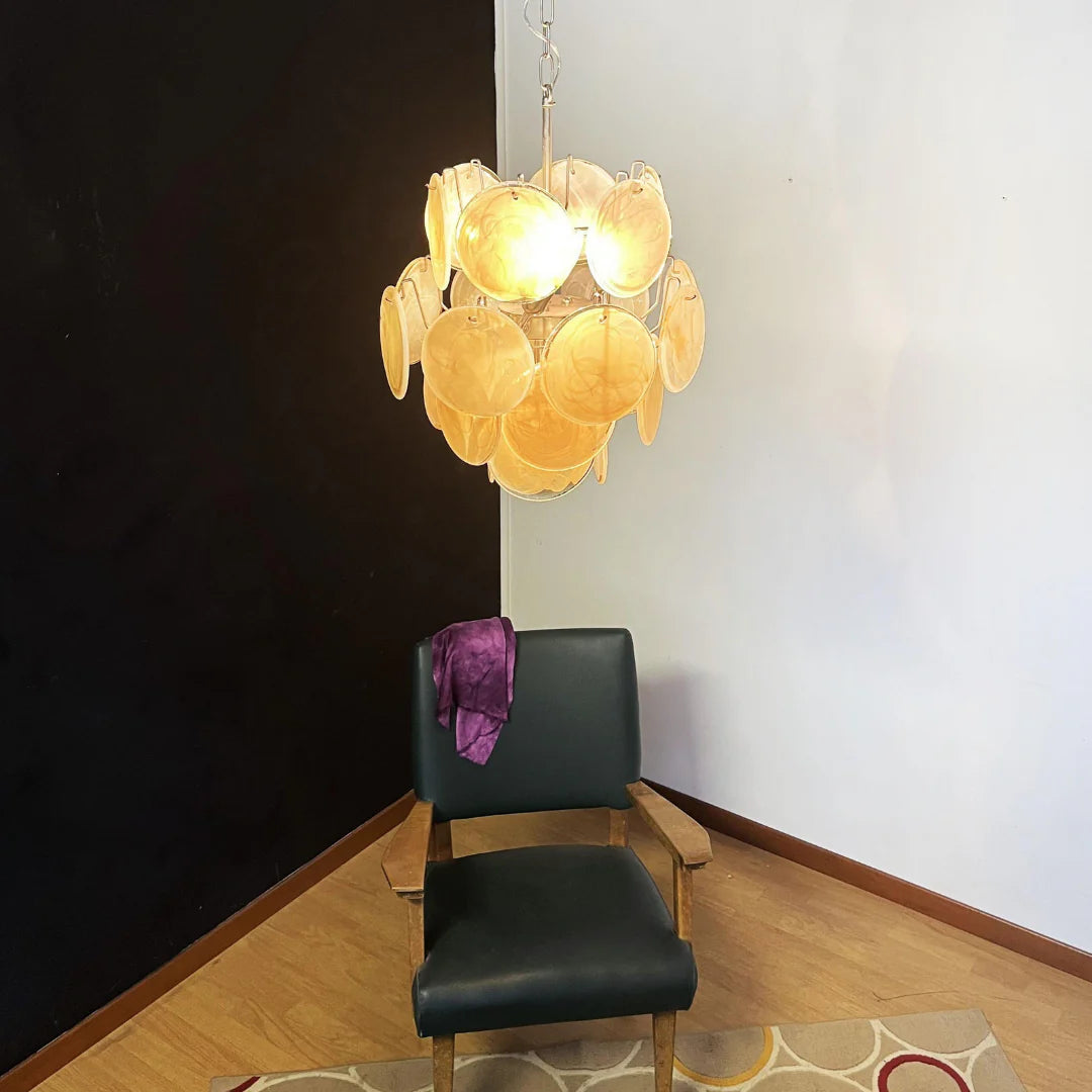 Lámpara de araña con discos de cristal dorado de Murano vintage