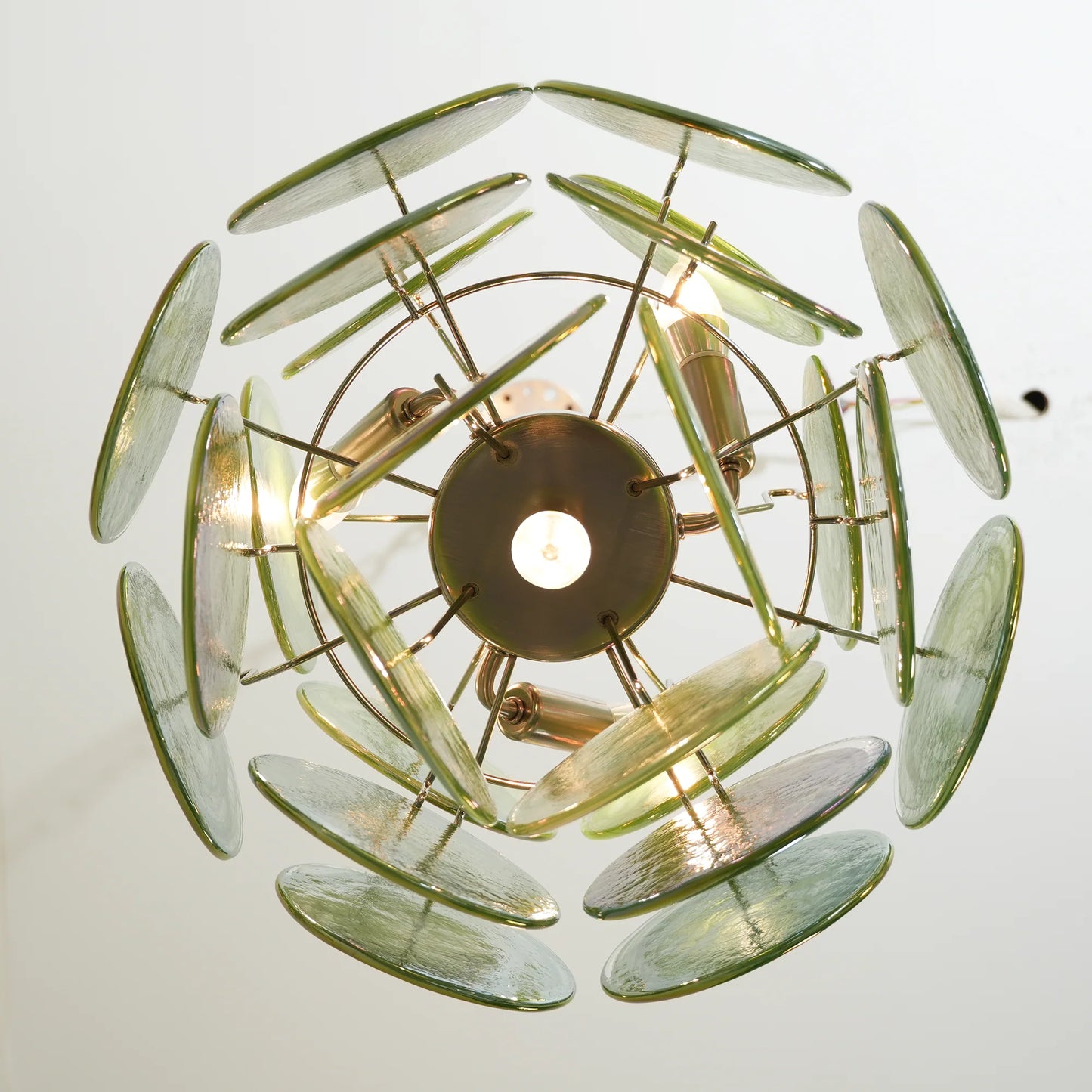 Lámpara de araña vintage de discos de cristal verde de Murano