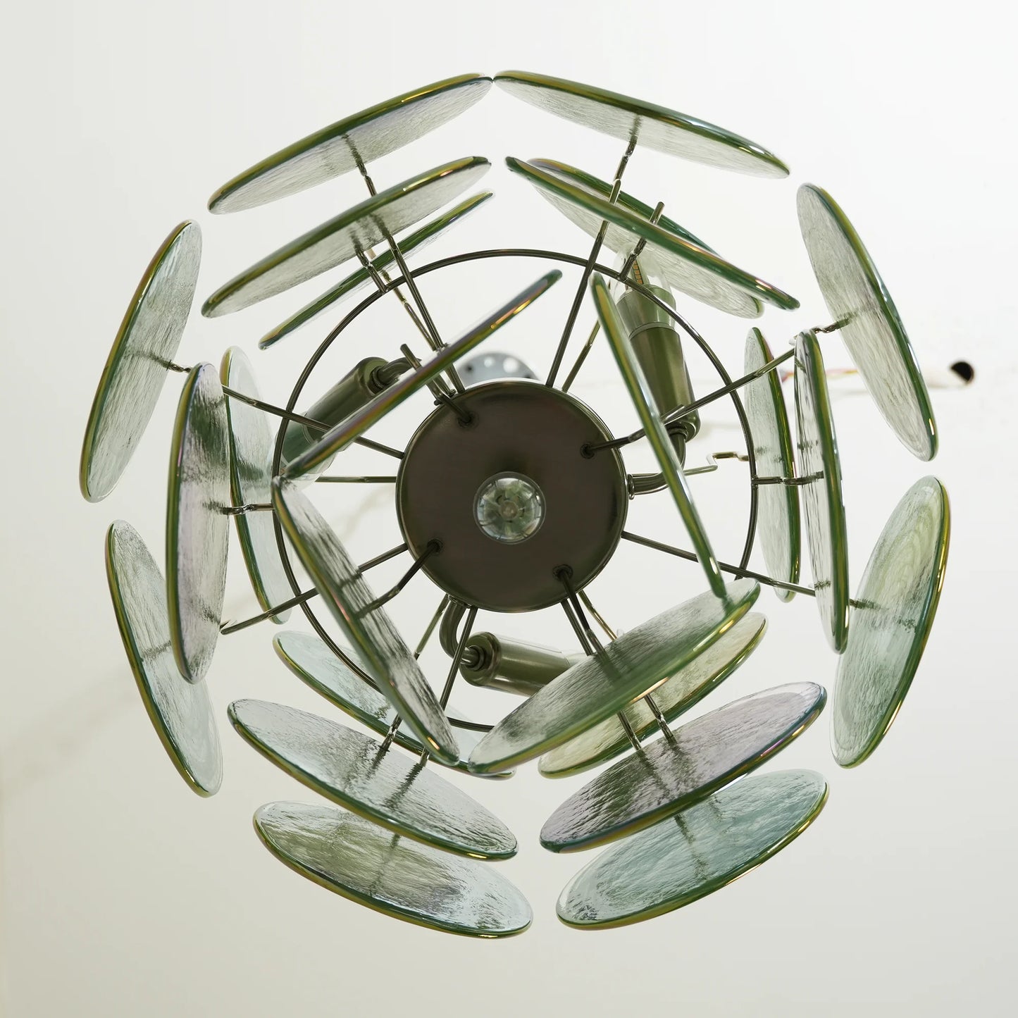 Lámpara de araña vintage de discos de cristal verde de Murano