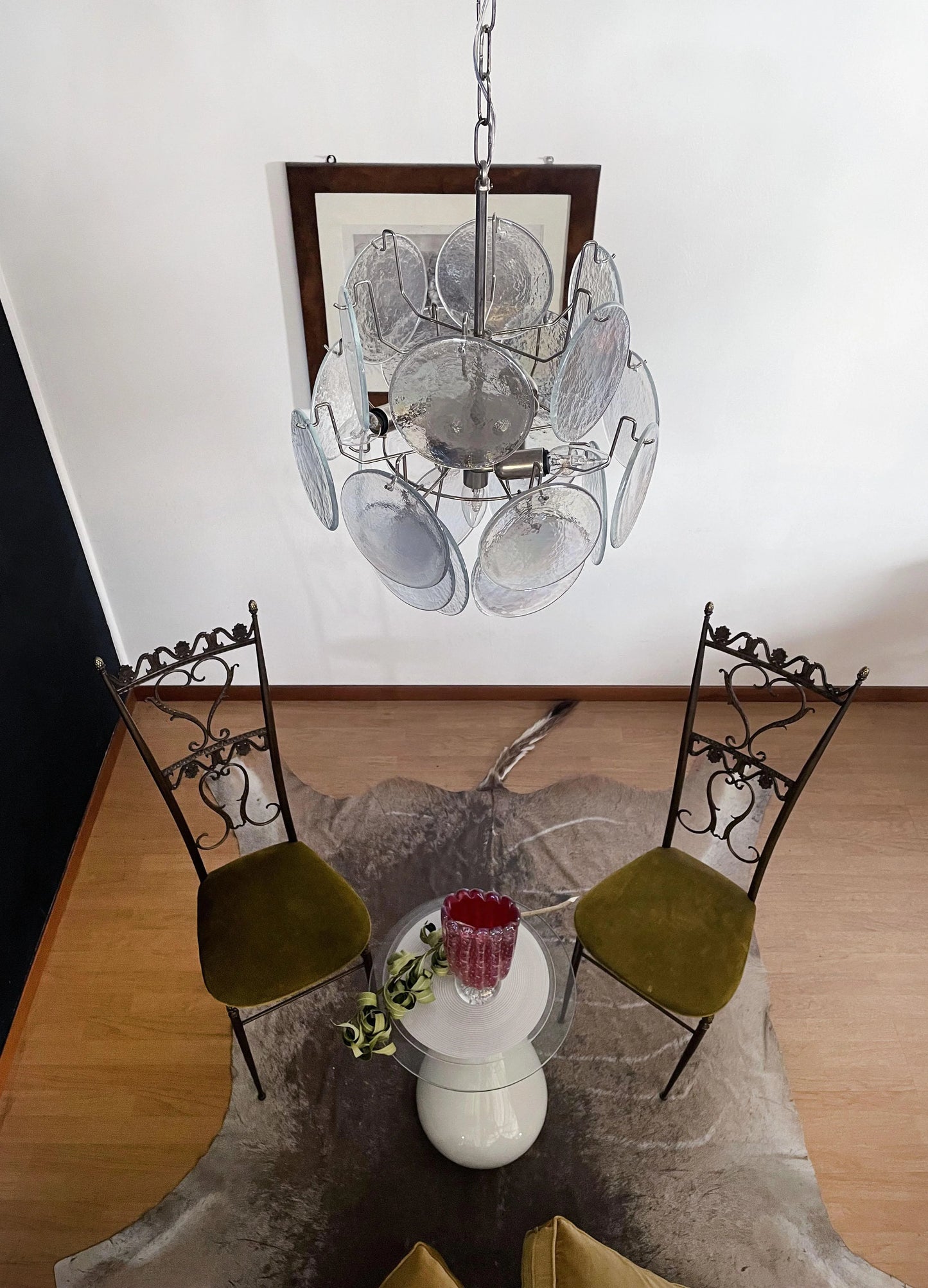 Lámpara de araña con discos de cristal iridiscente de Murano vintage