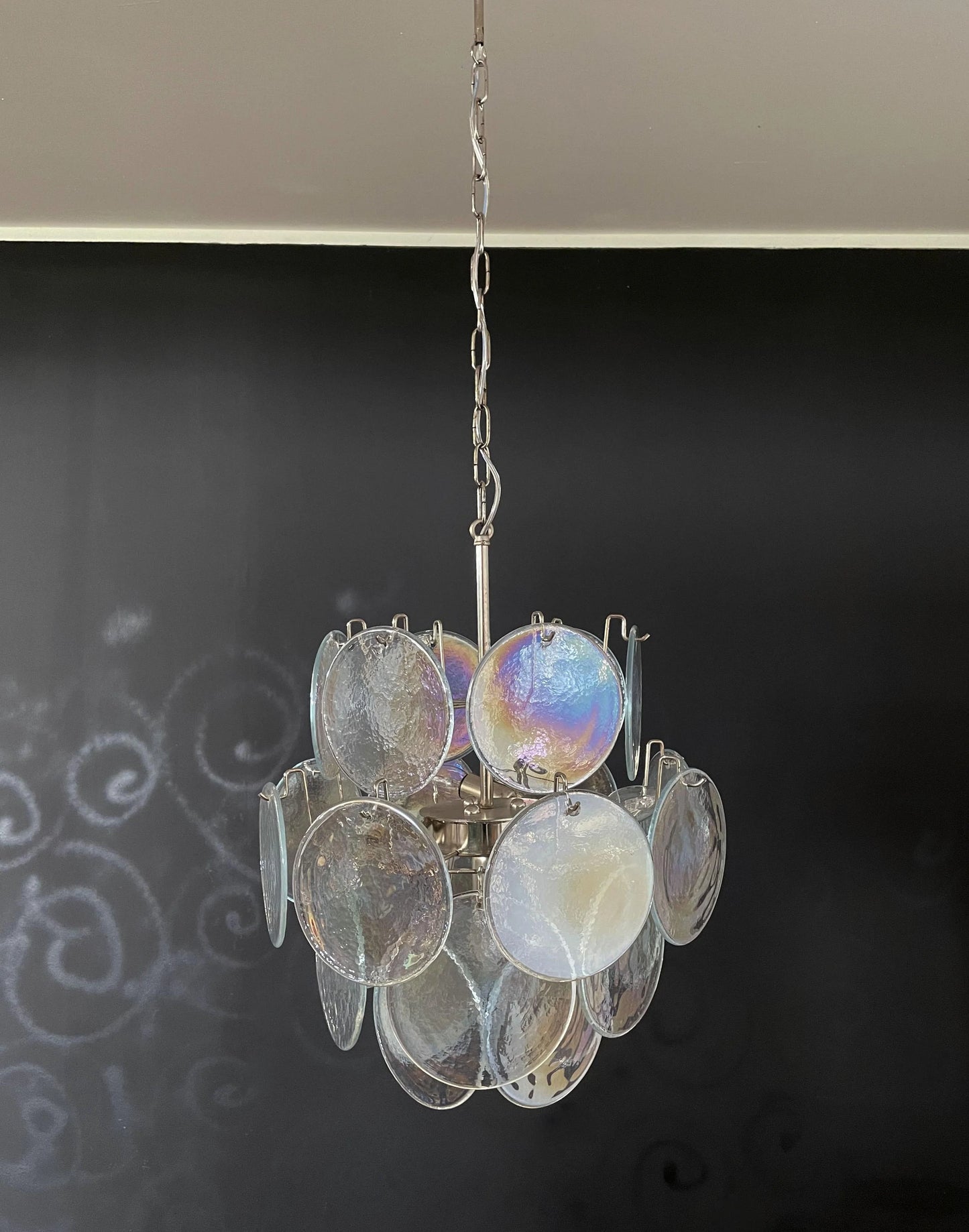 Lámpara de araña con discos de cristal iridiscente de Murano vintage