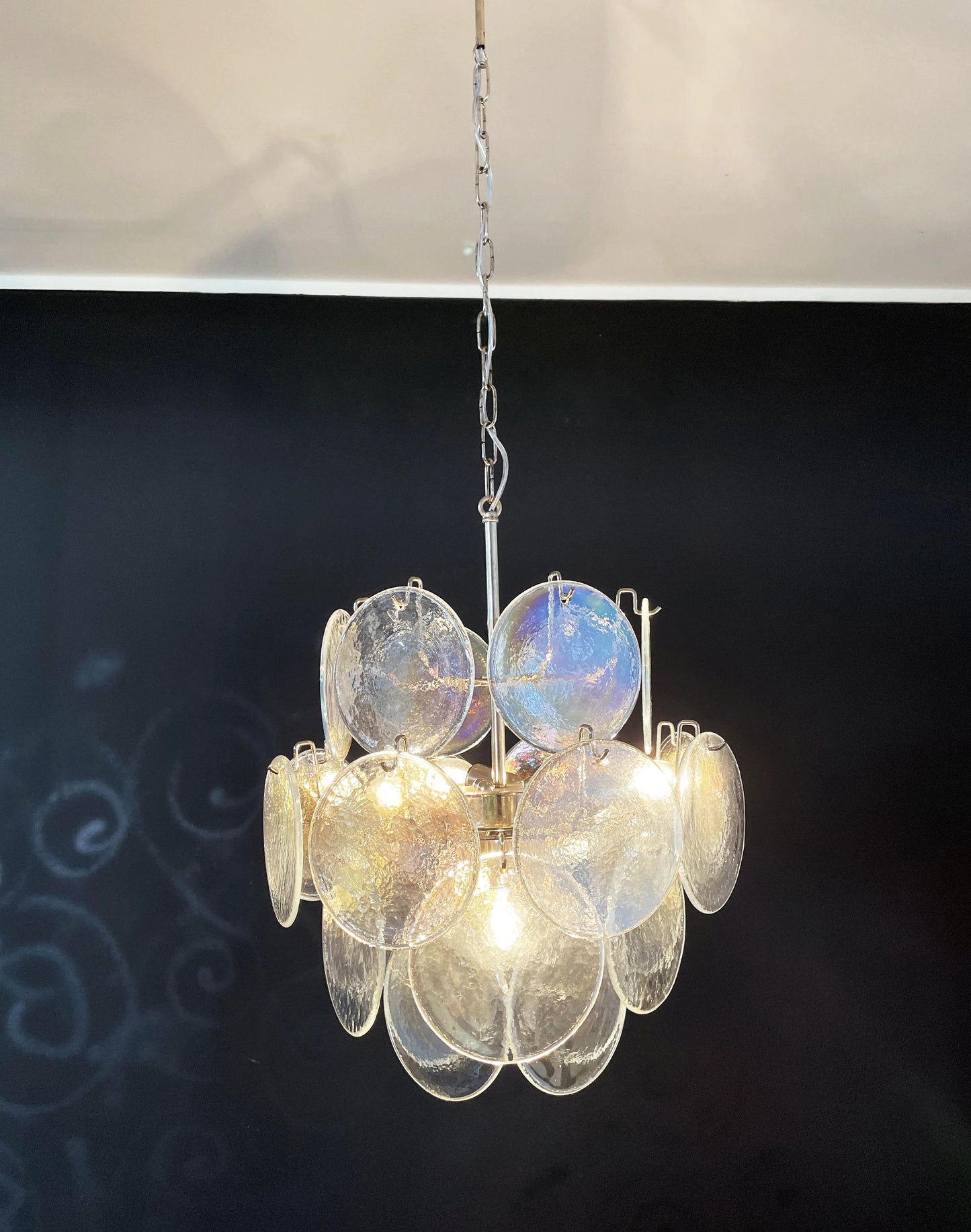 Lámpara de araña con discos de cristal iridiscente de Murano vintage