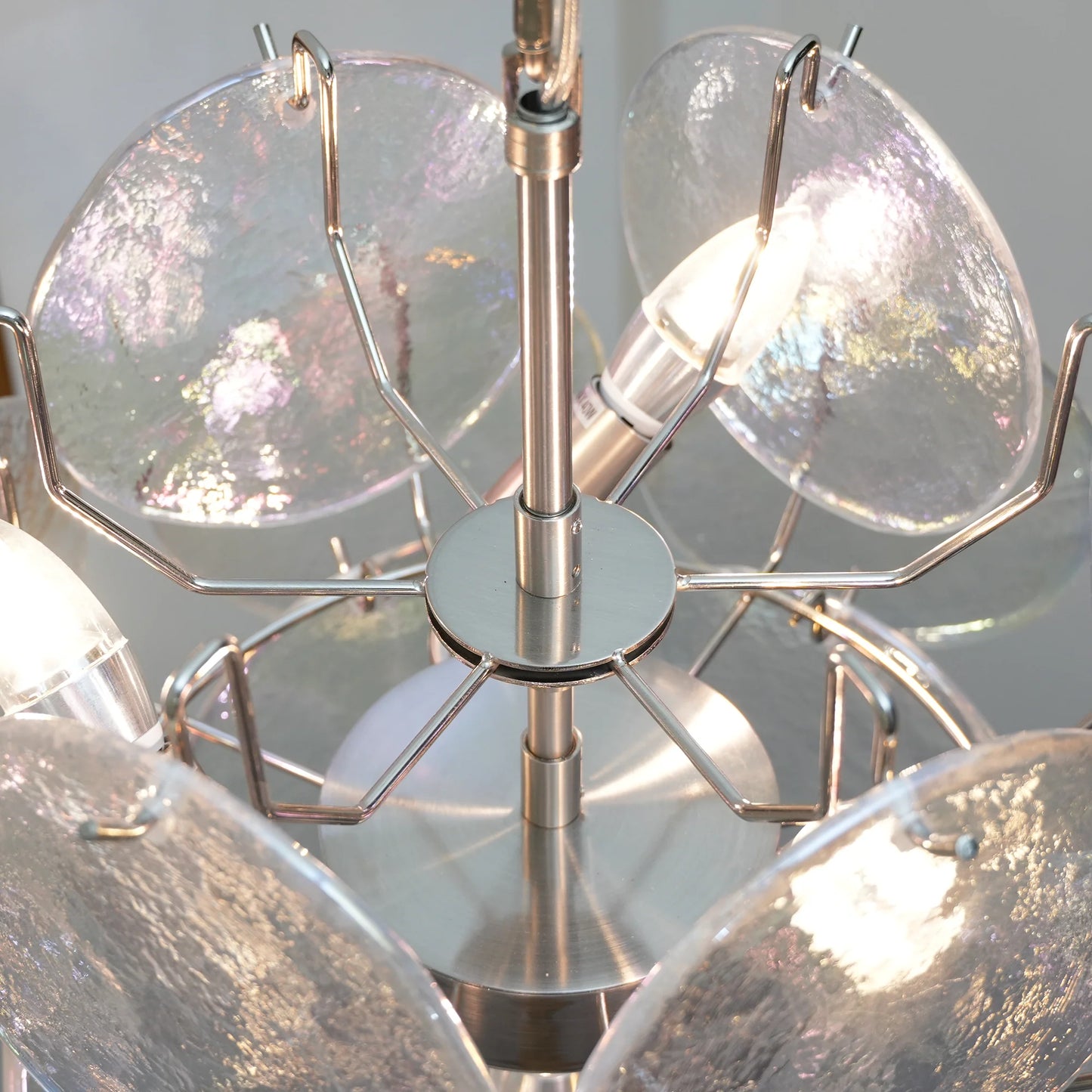 Lámpara de araña con discos de cristal iridiscente de Murano vintage