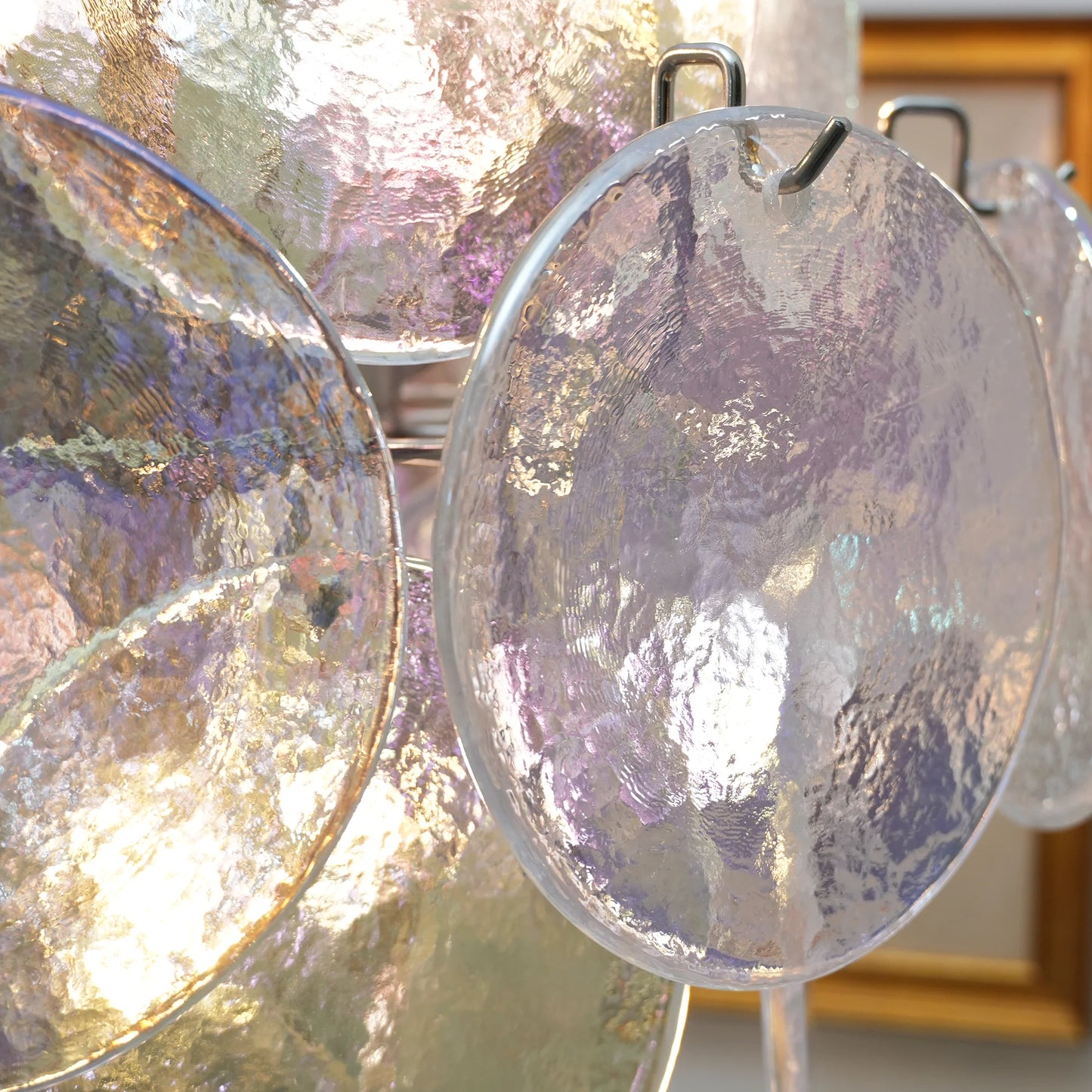 Lámpara de araña con discos de cristal iridiscente de Murano vintage