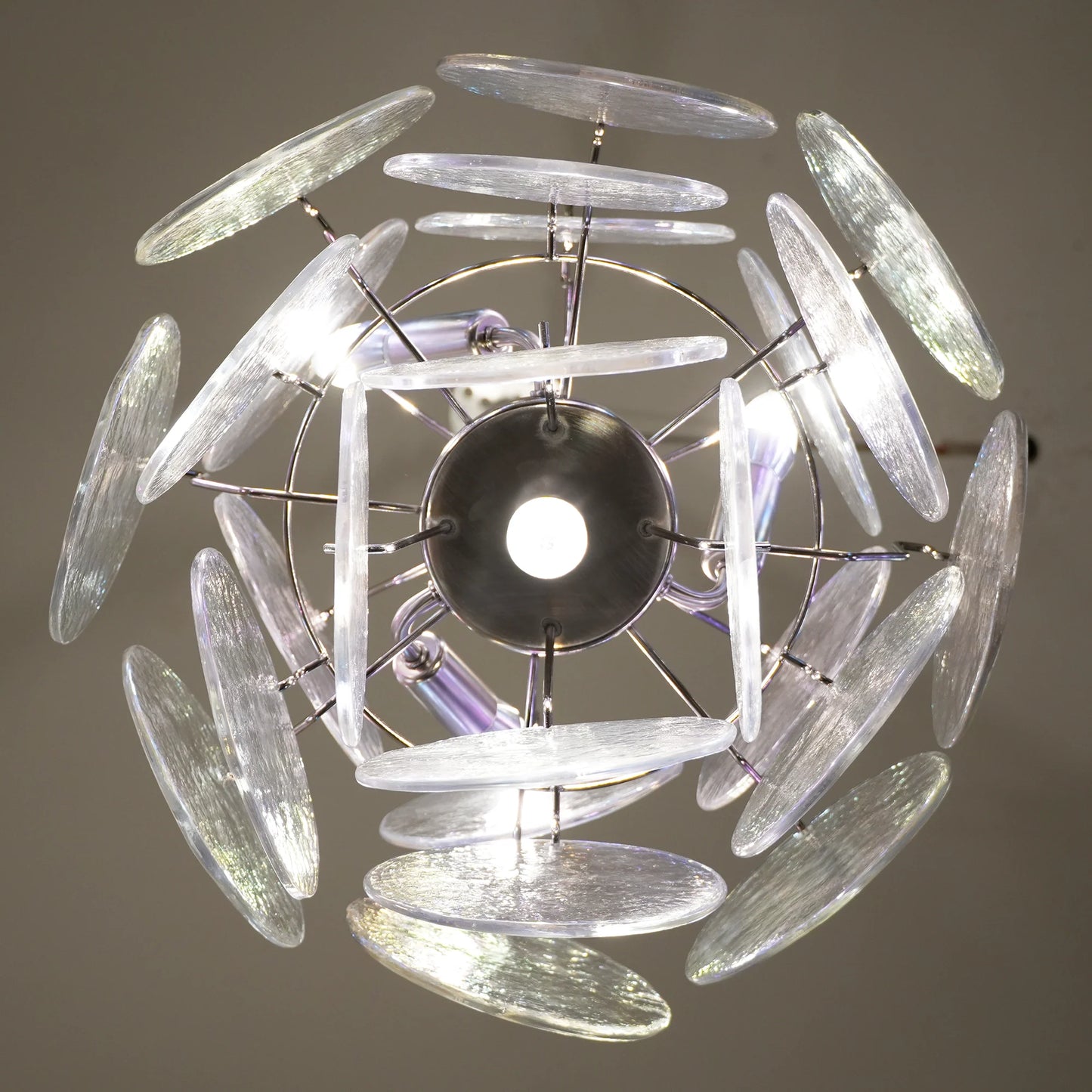 Lámpara de araña con discos de cristal iridiscente de Murano vintage
