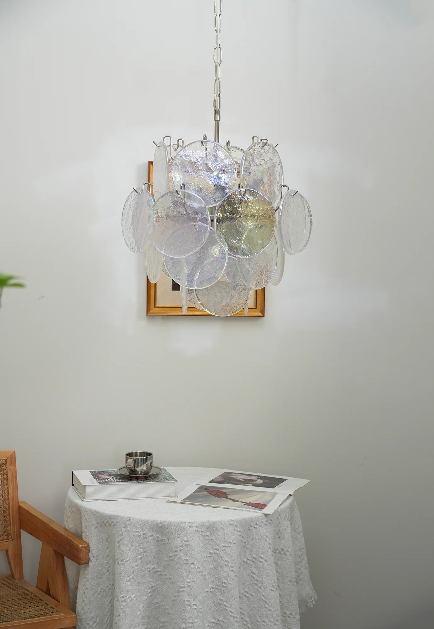 Lámpara de araña con discos de cristal iridiscente de Murano vintage