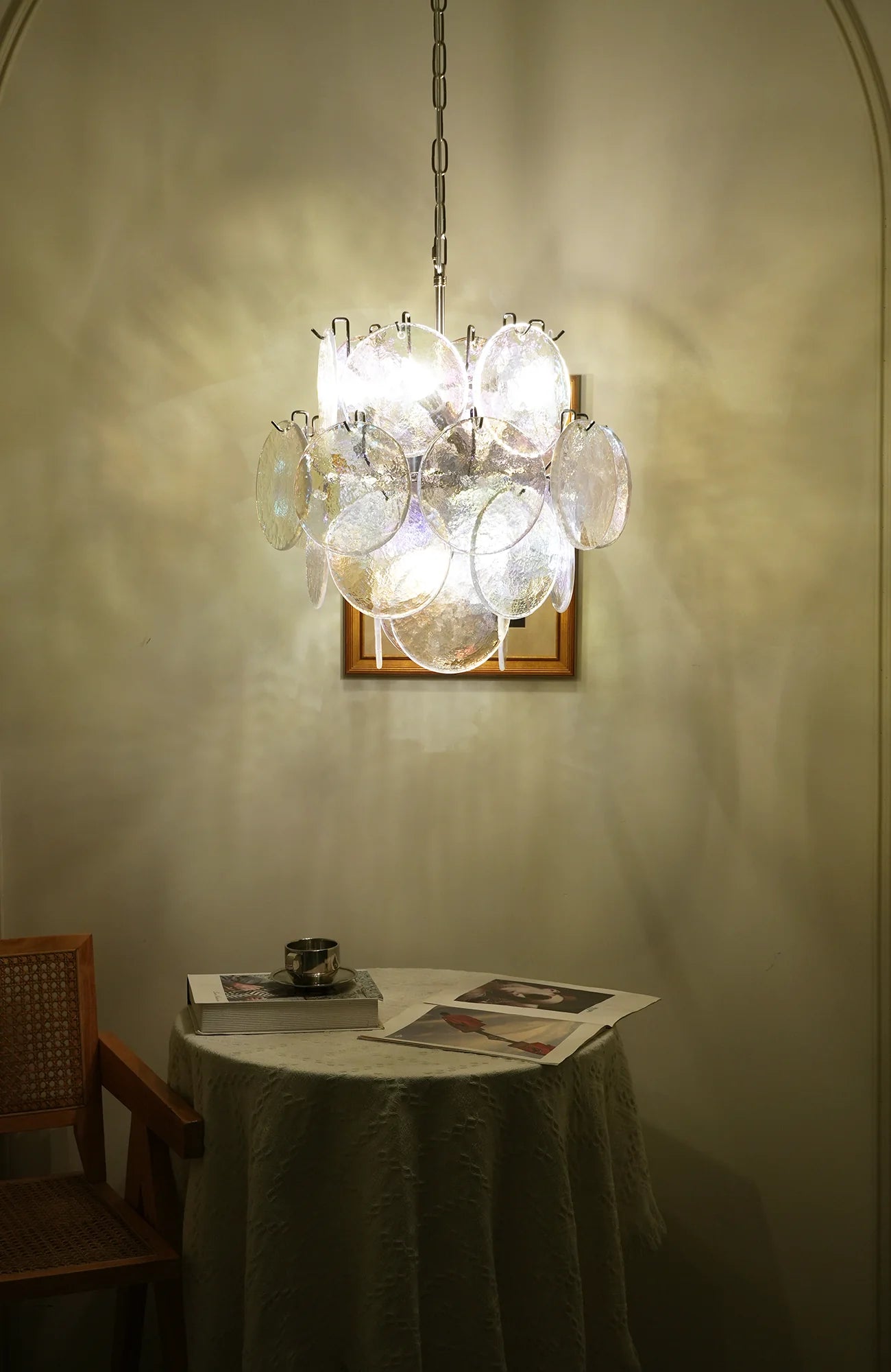 Lámpara de araña con discos de cristal iridiscente de Murano vintage