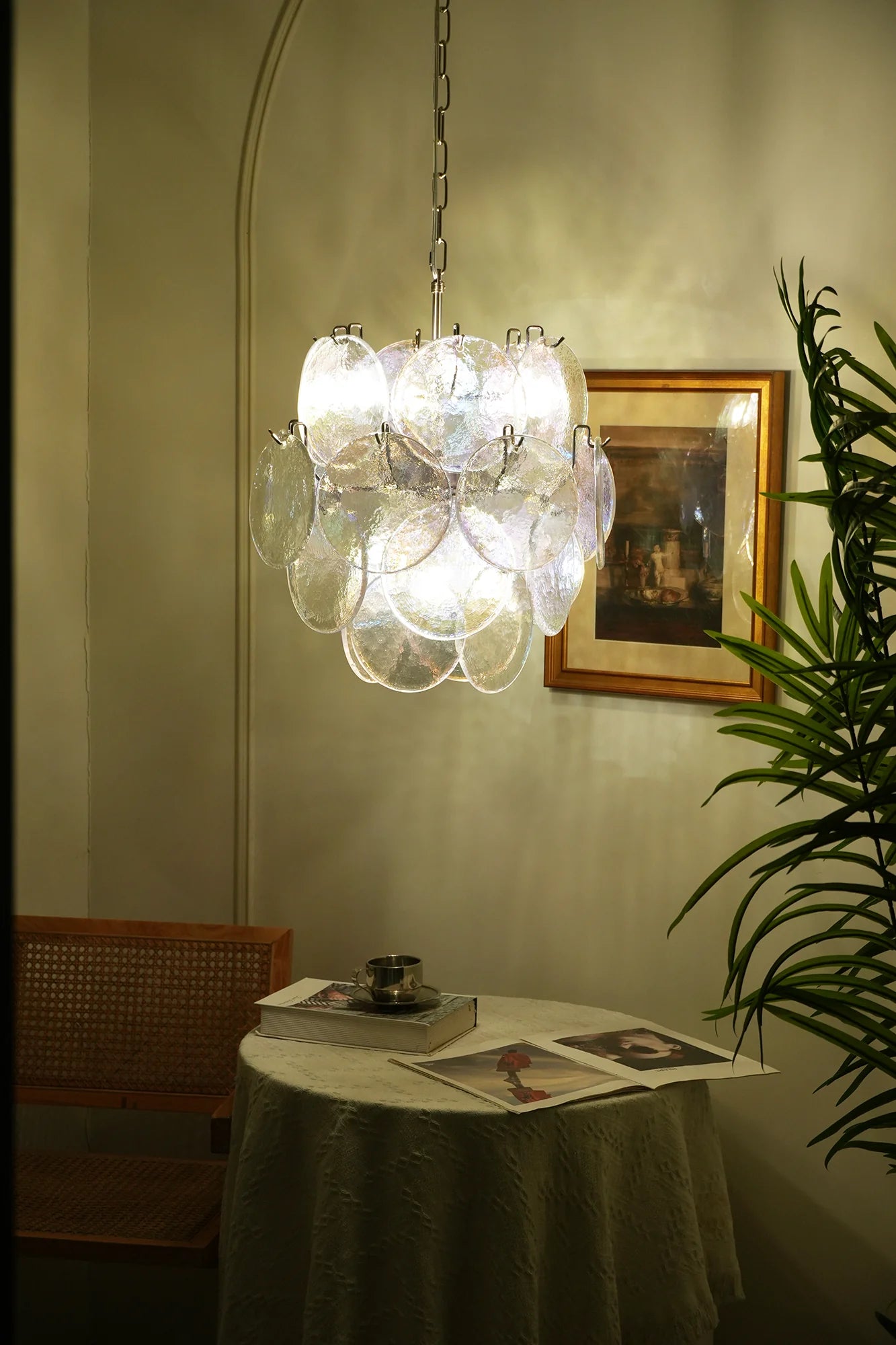 Lámpara de araña con discos de cristal iridiscente de Murano vintage