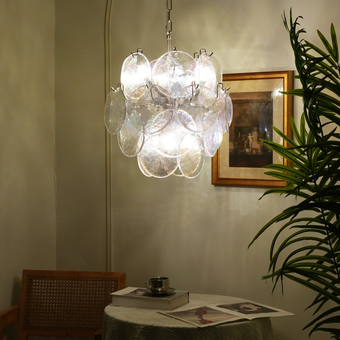Lámpara de araña con discos de cristal iridiscente de Murano vintage