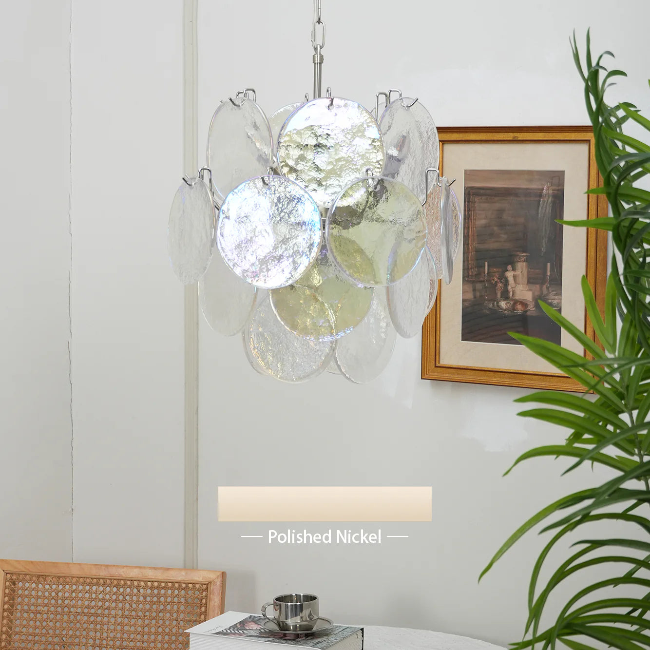 Lámpara de araña con discos de cristal iridiscente de Murano vintage