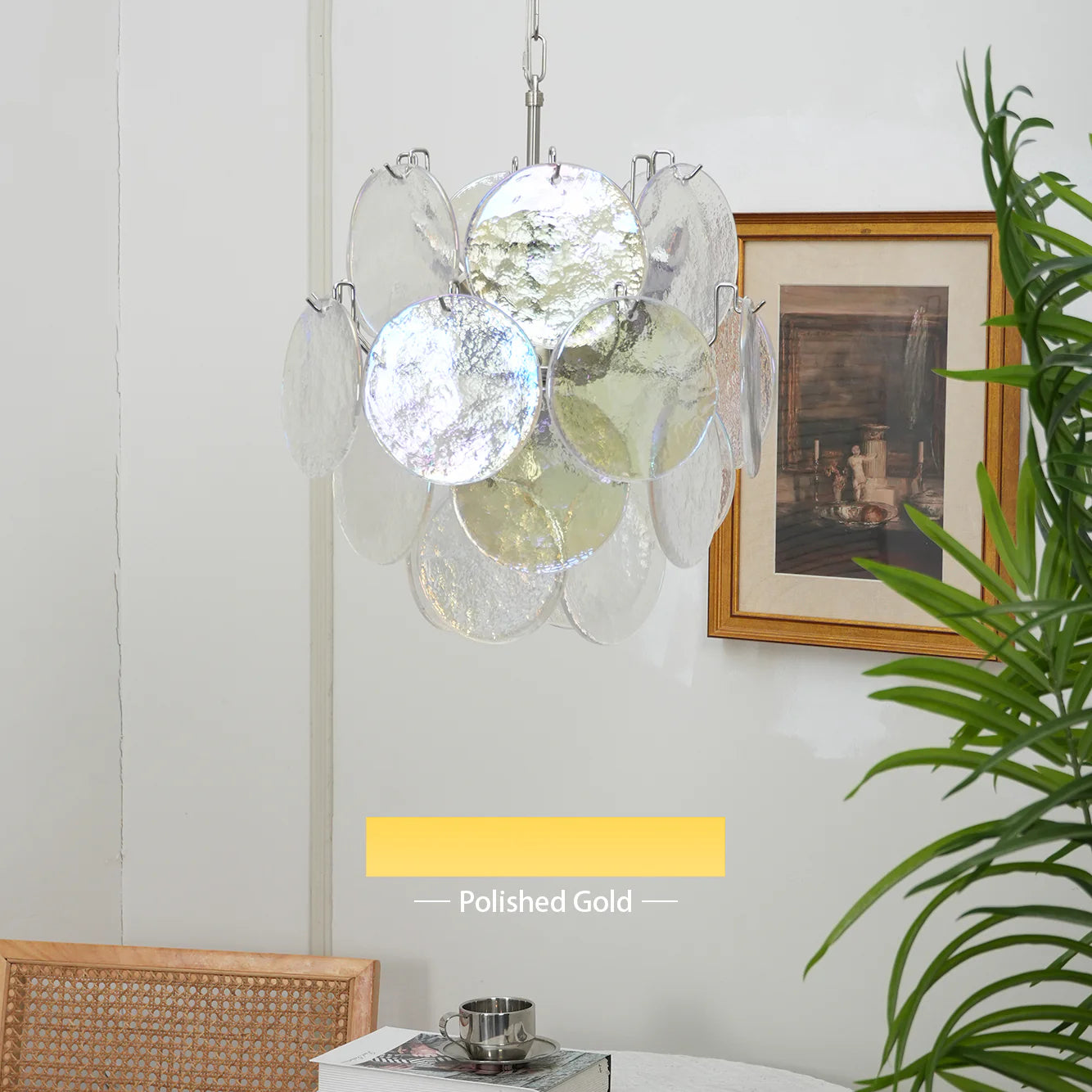 Lámpara de araña con discos de cristal iridiscente de Murano vintage