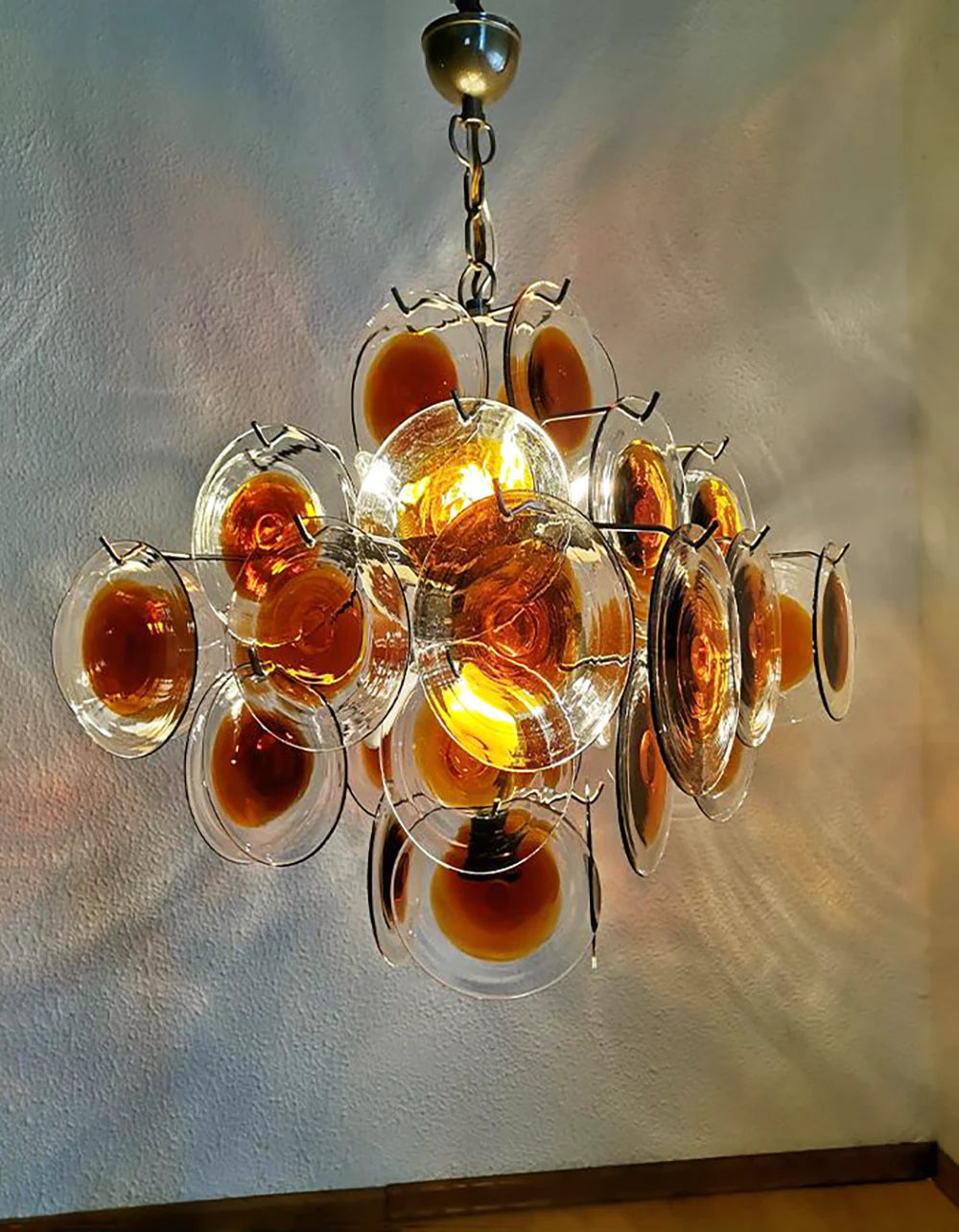 Araña de Murano vintage con discos transparentes naranjas y marrones