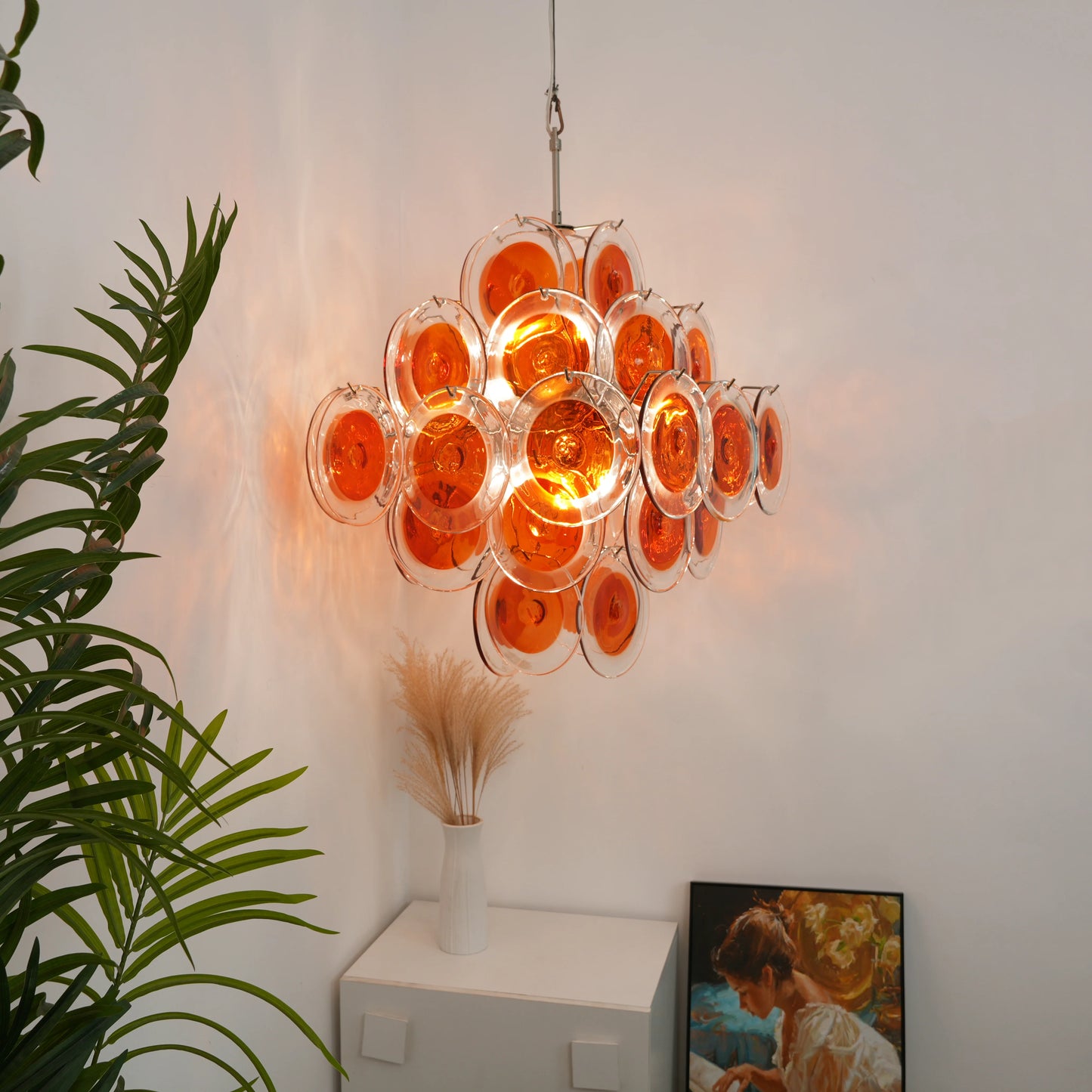 Araña de Murano vintage con discos transparentes naranjas y marrones