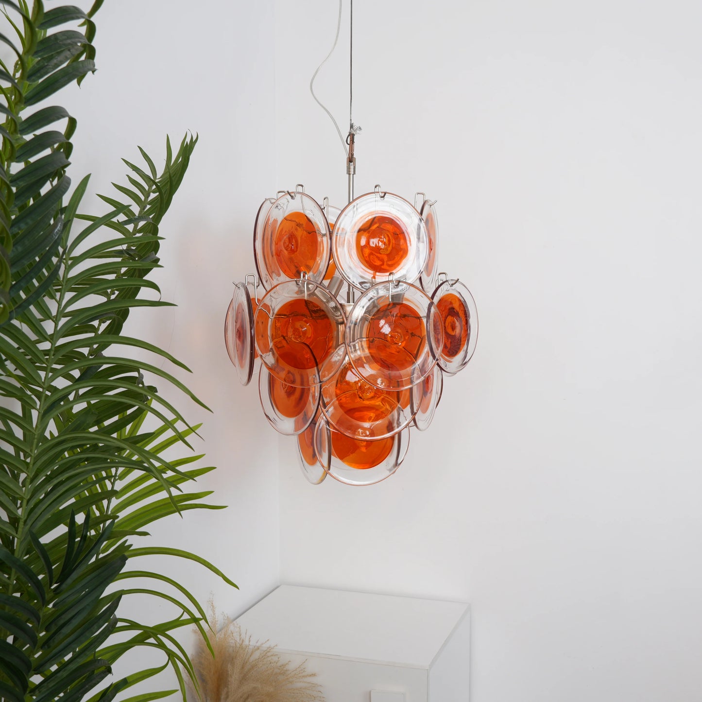 Lámpara de araña Murano vintage de discos transparentes naranjas