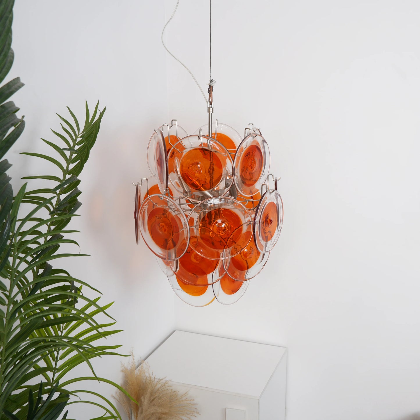 Lámpara de araña Murano vintage de discos transparentes naranjas