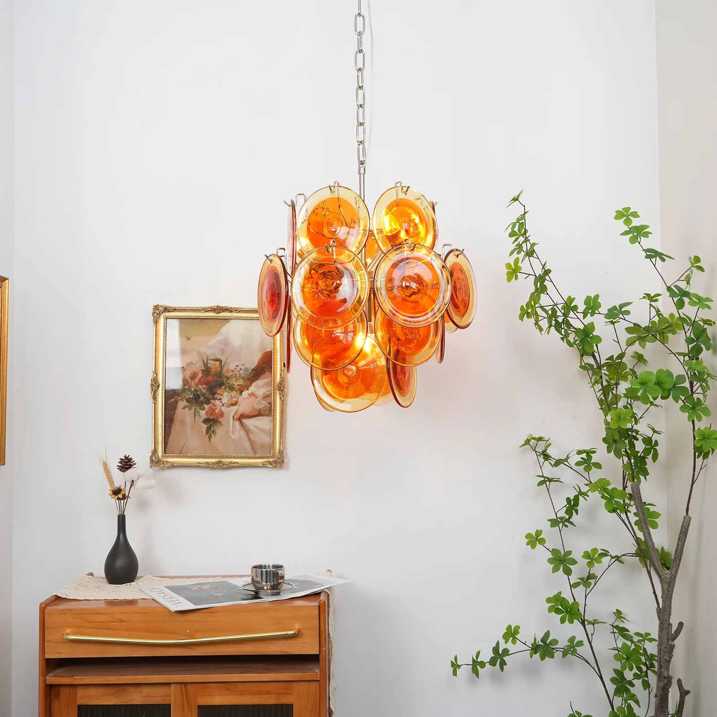 Lámpara de araña Murano vintage de discos transparentes naranjas