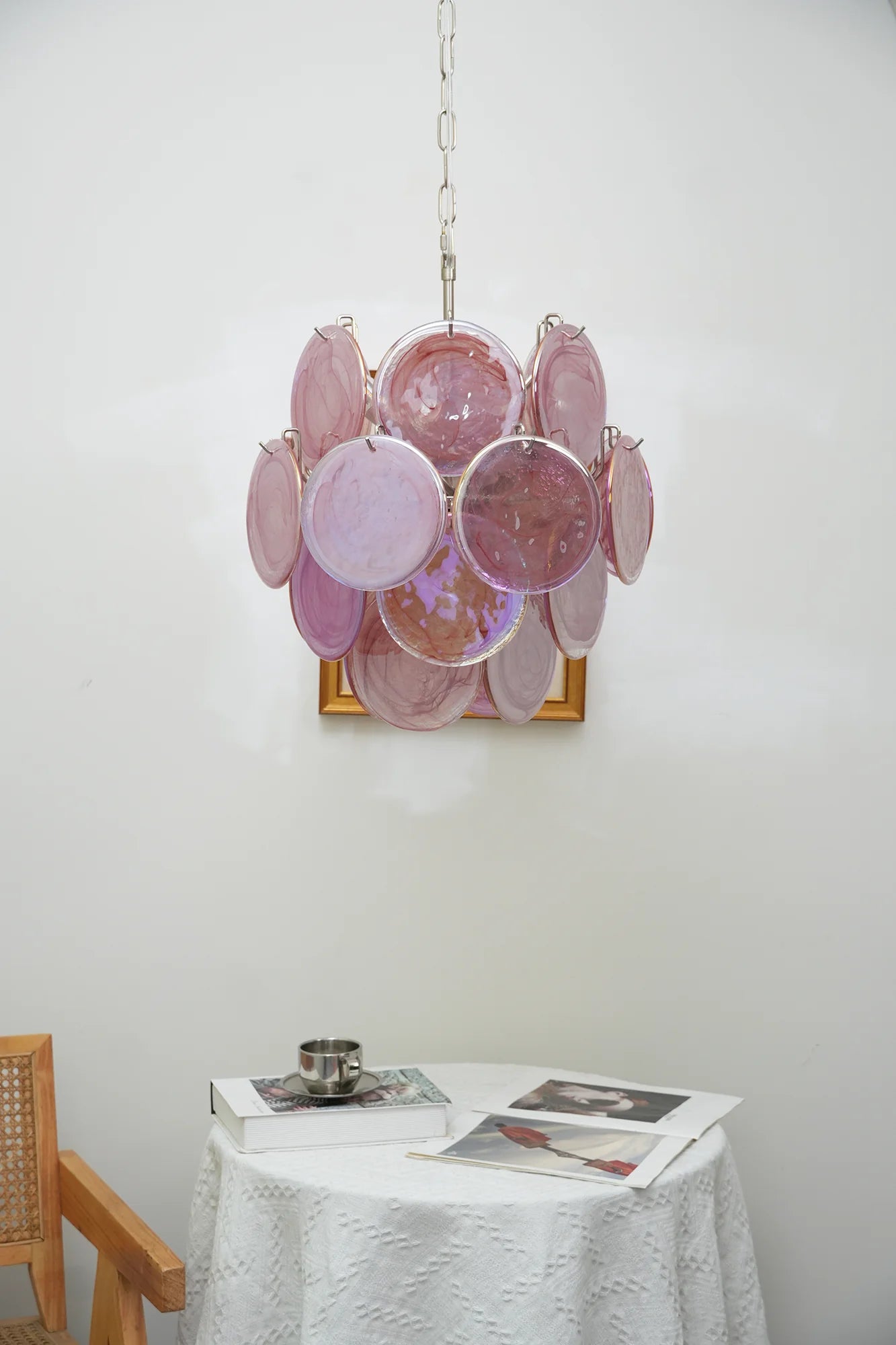 Lámpara de araña de discos de cristal de Murano rosa vintage