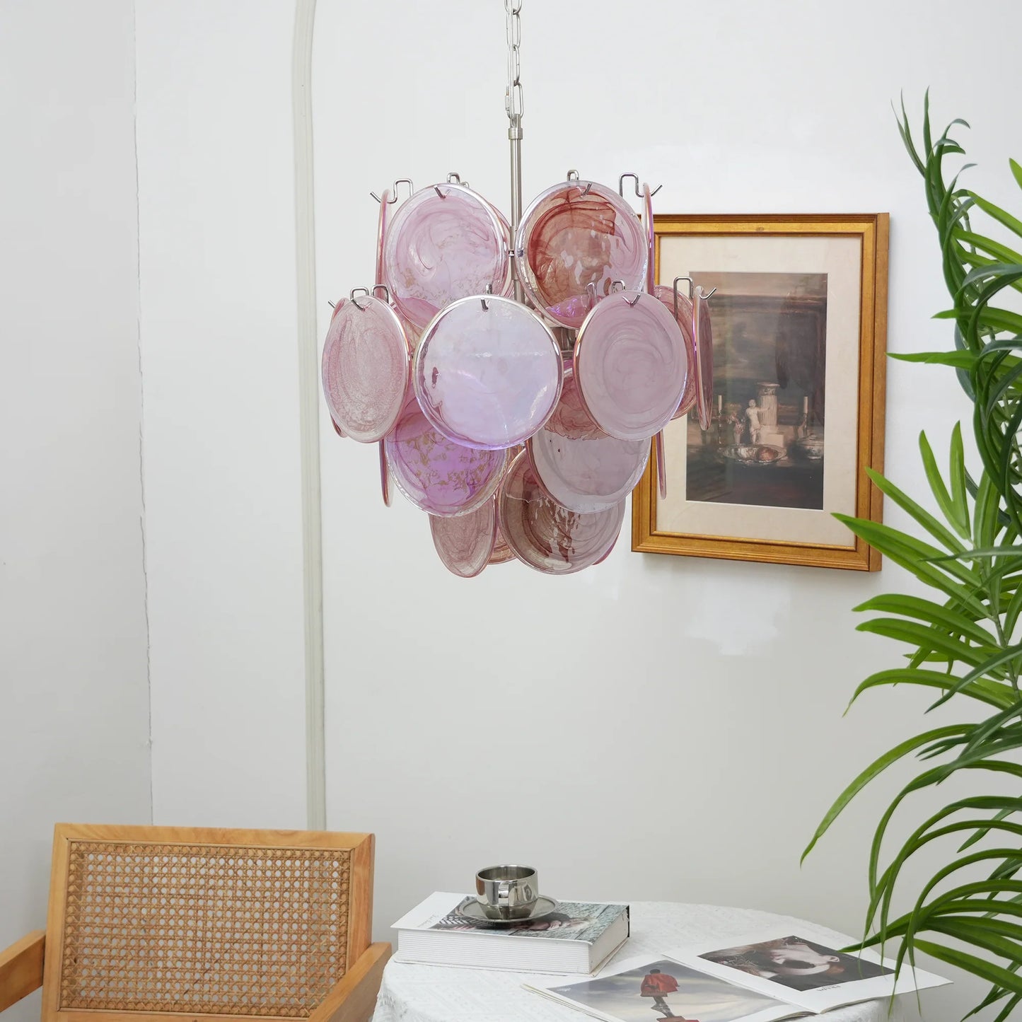 Lámpara de araña de discos de cristal de Murano rosa vintage