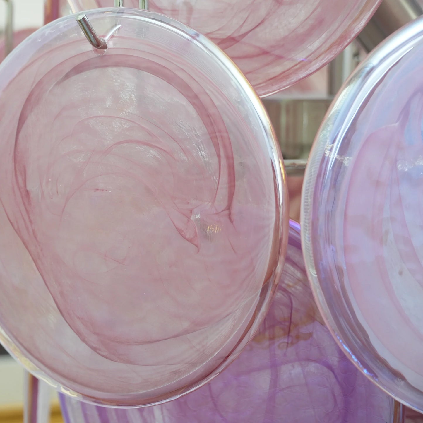 Lámpara de araña de discos de cristal de Murano rosa vintage