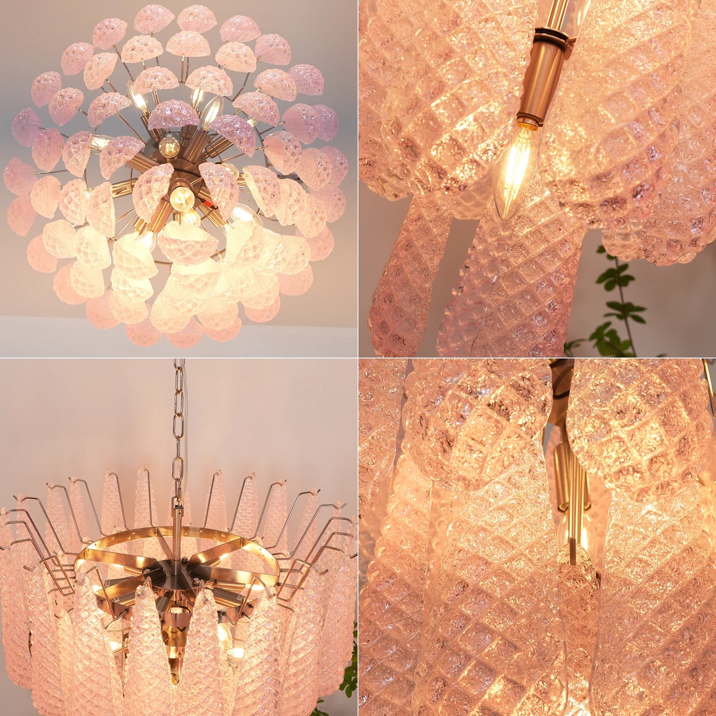 Araña de cristal rosa de Murano con gotas en forma de pétalo