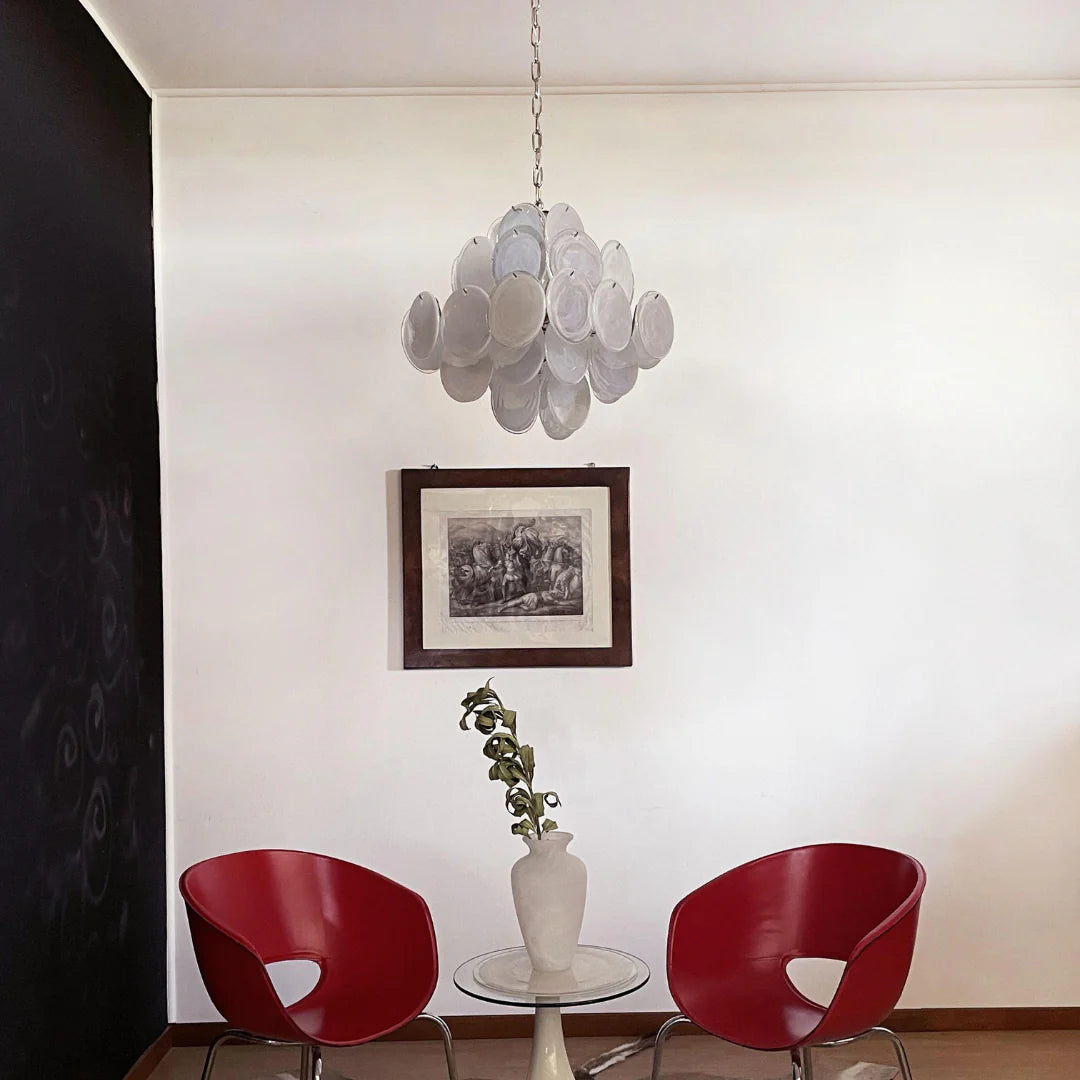 Lámpara de araña vintage Murano de discos blancos