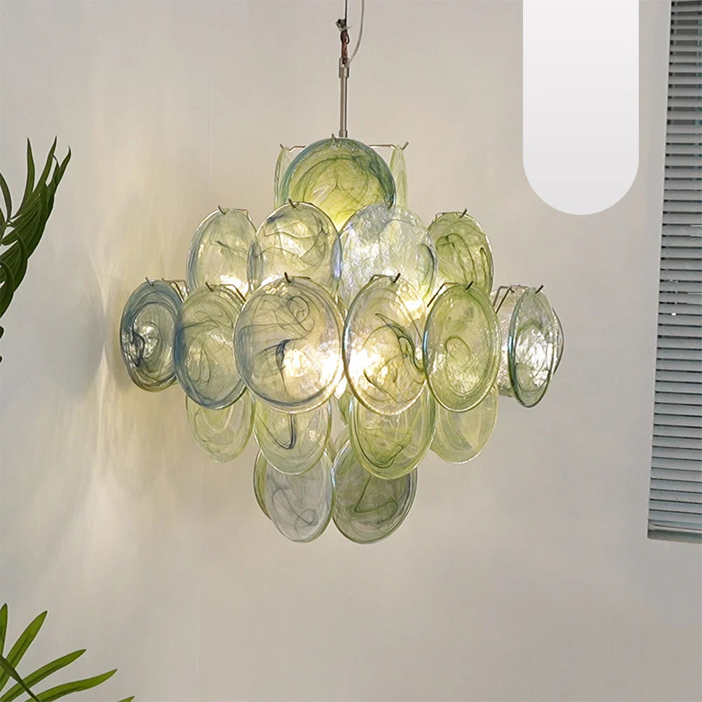 Lámpara de araña vintage Murano de discos verdes