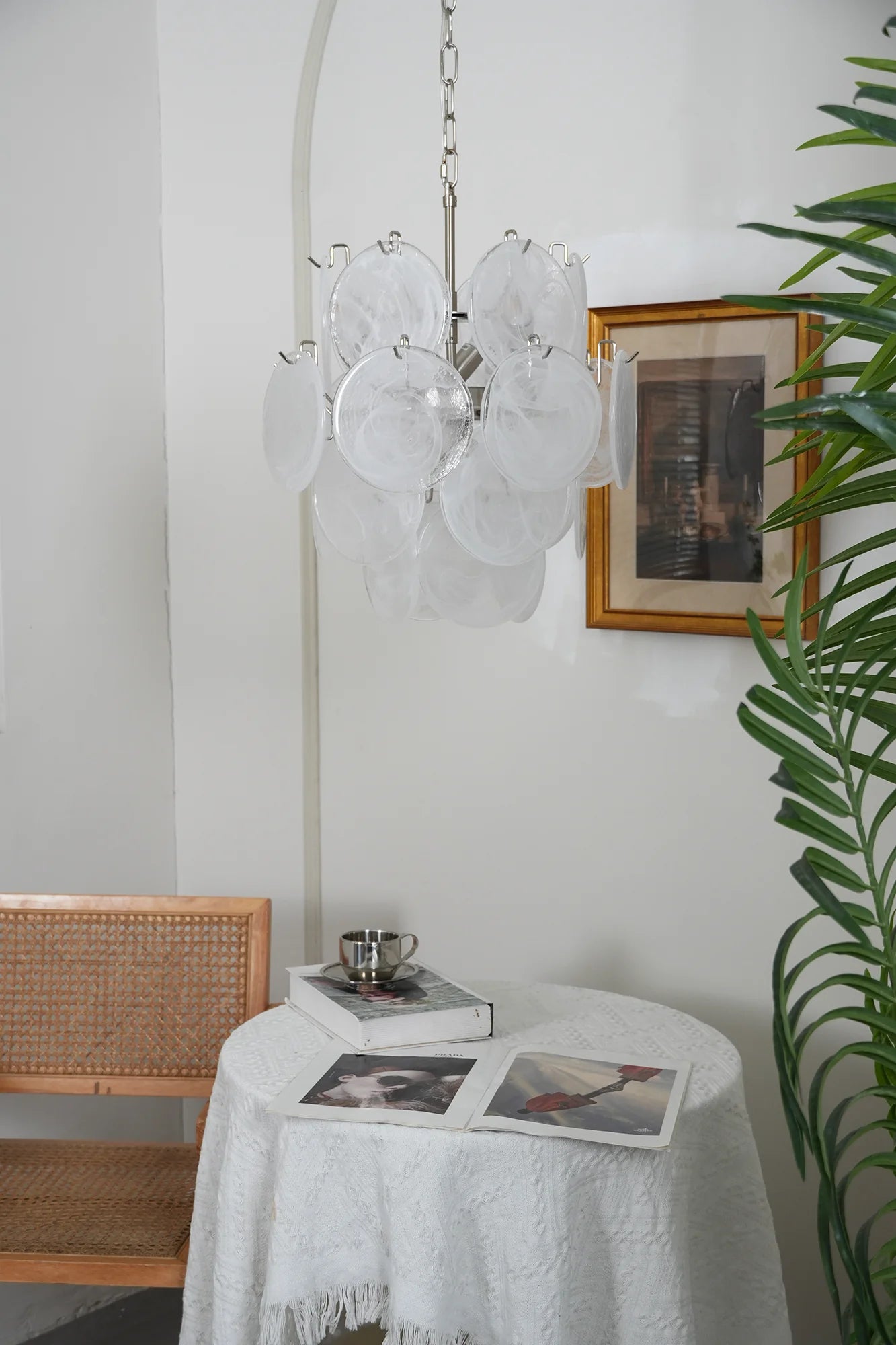 Lámpara de araña con discos de cristal blanco de Murano vintage