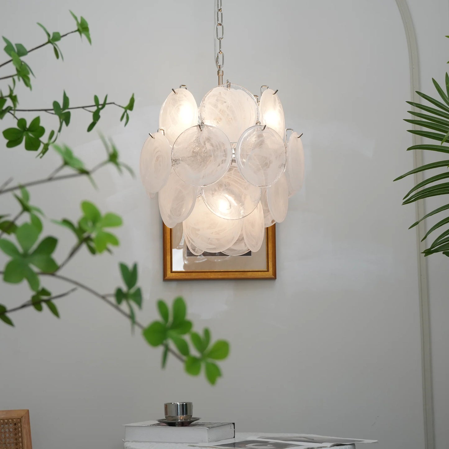 Lámpara de araña con discos de cristal blanco de Murano vintage