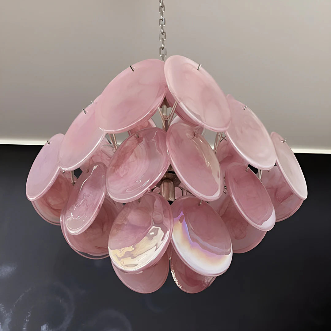 Lámpara de araña vintage Murano de discos rosas