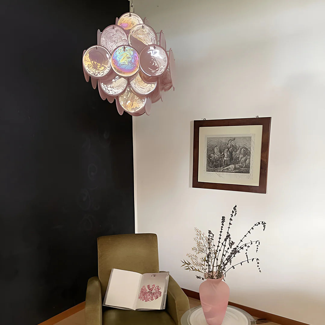 Lámpara de araña vintage Murano de discos rosas