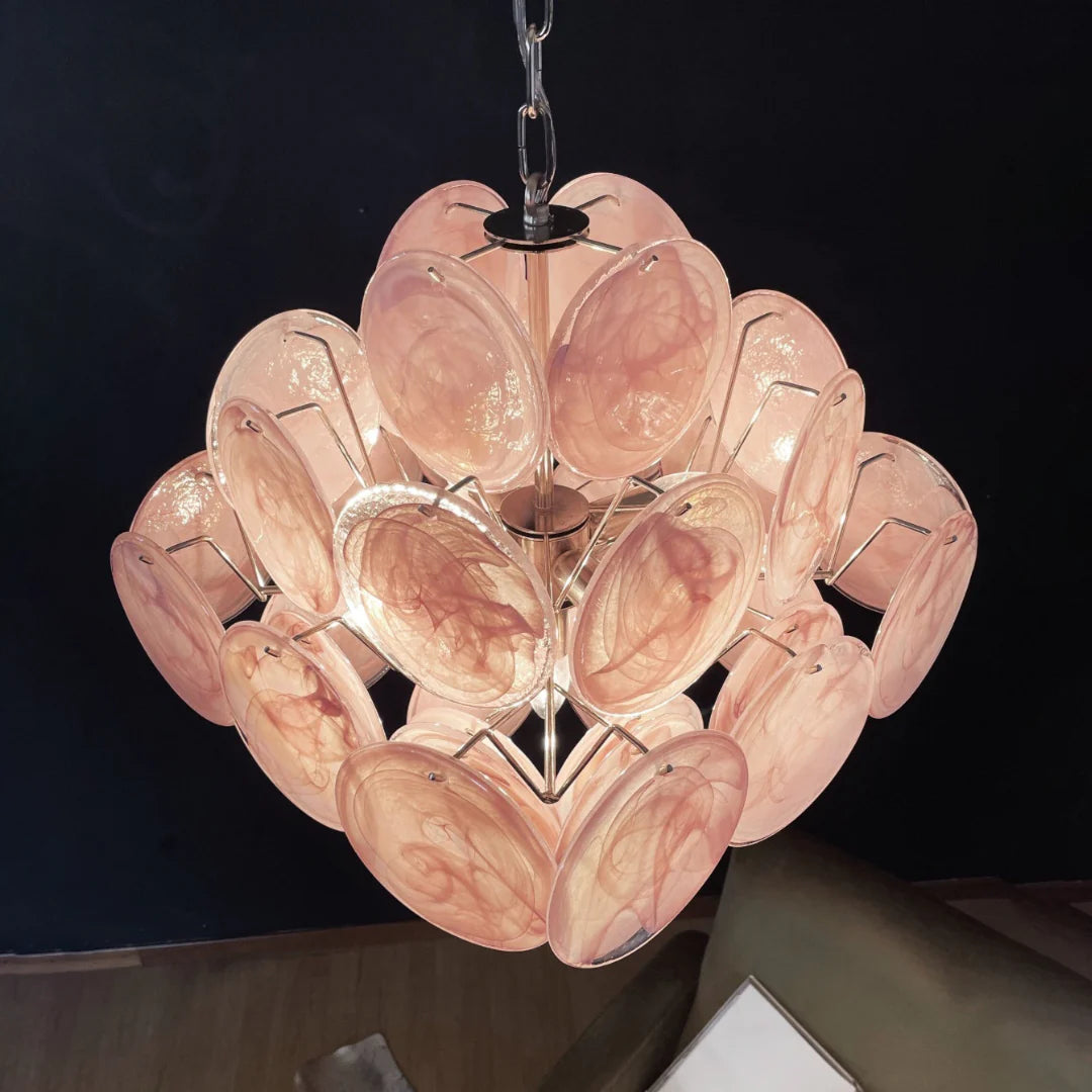 Lámpara de araña vintage Murano de discos rosas