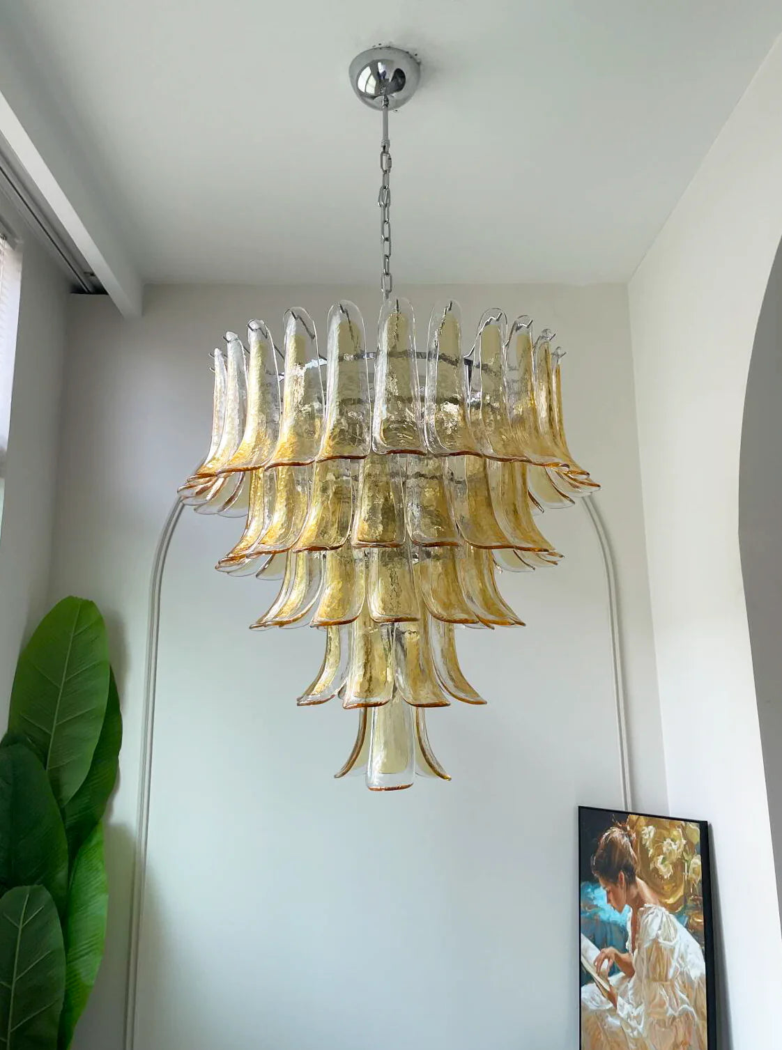 Lámpara de araña de pétalos de Murano de ámbar transparente vintage
