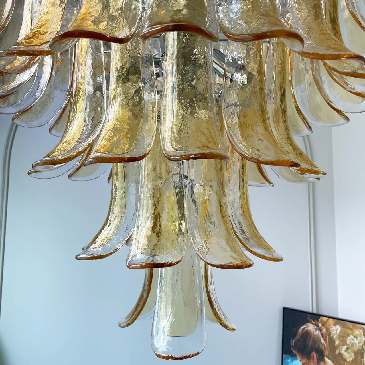 Lámpara de araña de pétalos de Murano de ámbar transparente vintage
