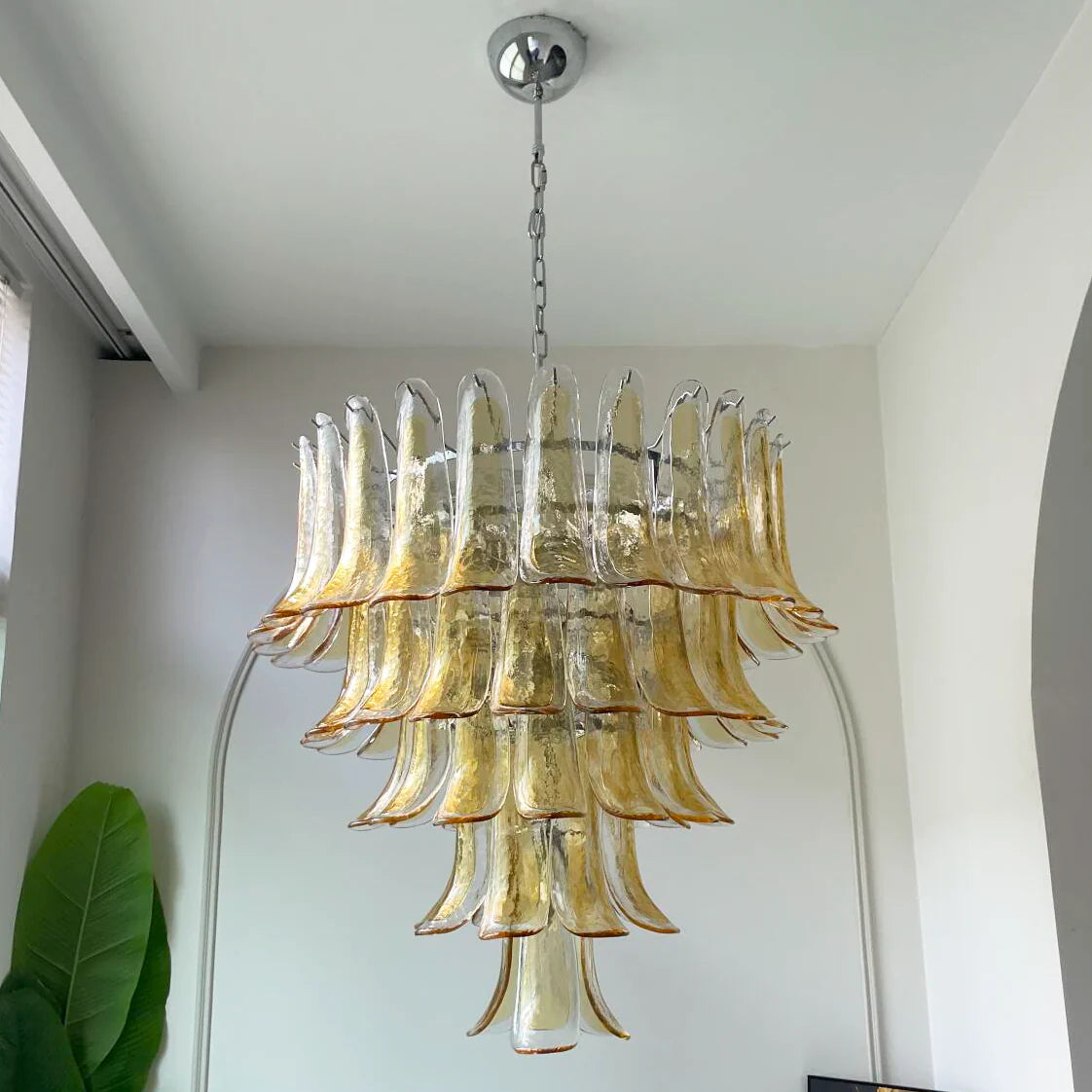 Lámpara de araña de pétalos de Murano de ámbar transparente vintage