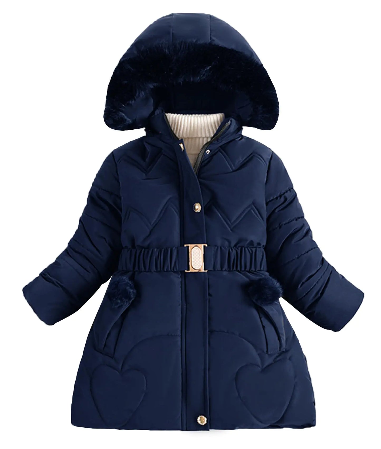 Happy Cherry Girls Winter Coat Parka Fleece Lined Kids Snow Hooded Puffer Jacket Warm With Waist Belt and Pockets