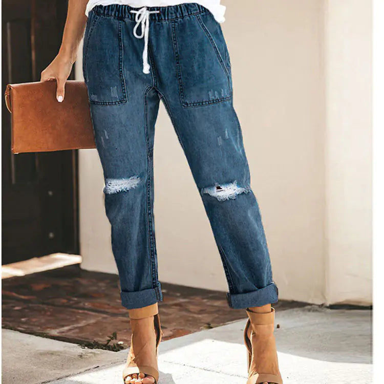 Women's Straight Ripped Jeans with Drawstring and Pockets