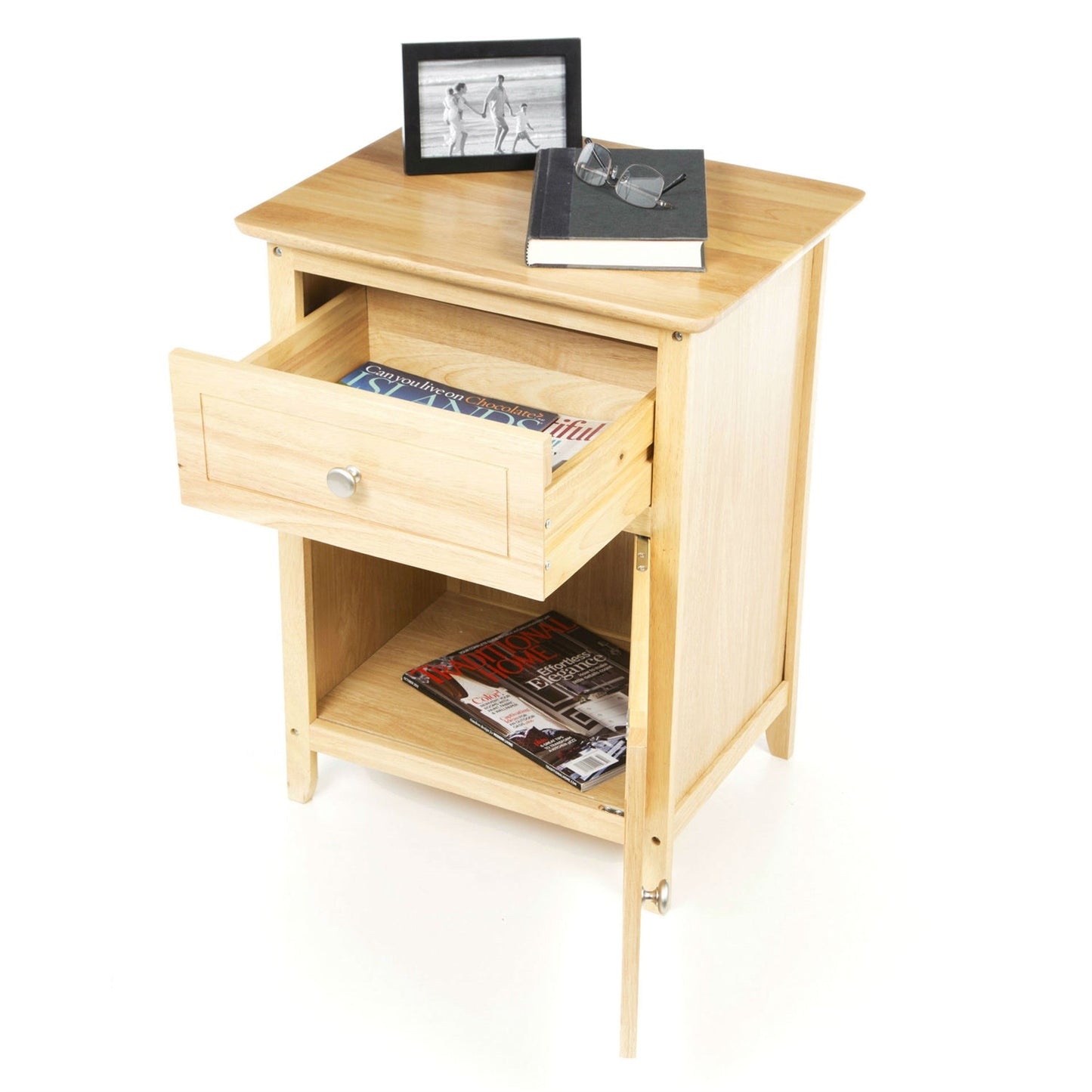 Mesa de Noche de Madera Natural de 1 Cajón