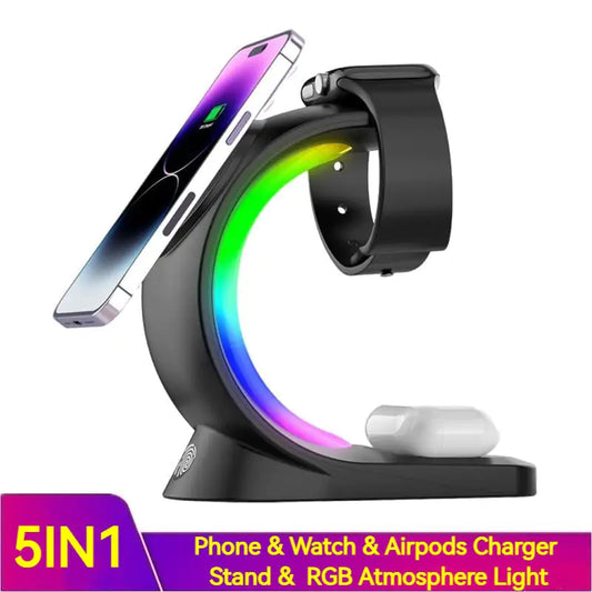 Cargador Inalámbrico Magnético 4 en 1 Carga Rápida para Teléfono Inteligente Estación de Carga con Luz Ambiental para Airpods Pro I-phone Watch