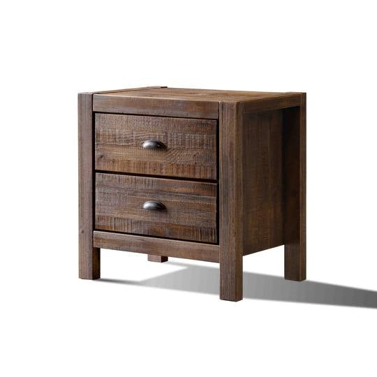 Mesa de Noche de Estilo Rústico con 2 Cajones de Madera de Pino Maciza en Nogal